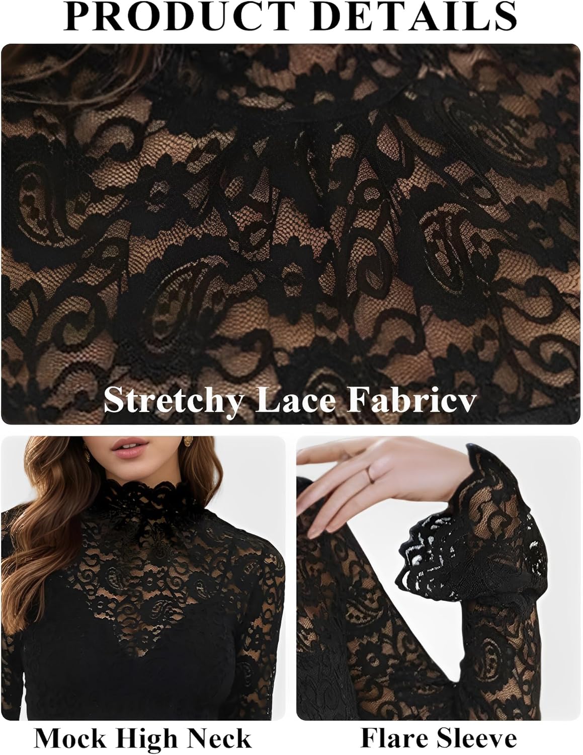 Women's Long Sleeve Lace Mesh Tops High Neck Sheer Blouse Sexy Floral Going Out Top - Image 5