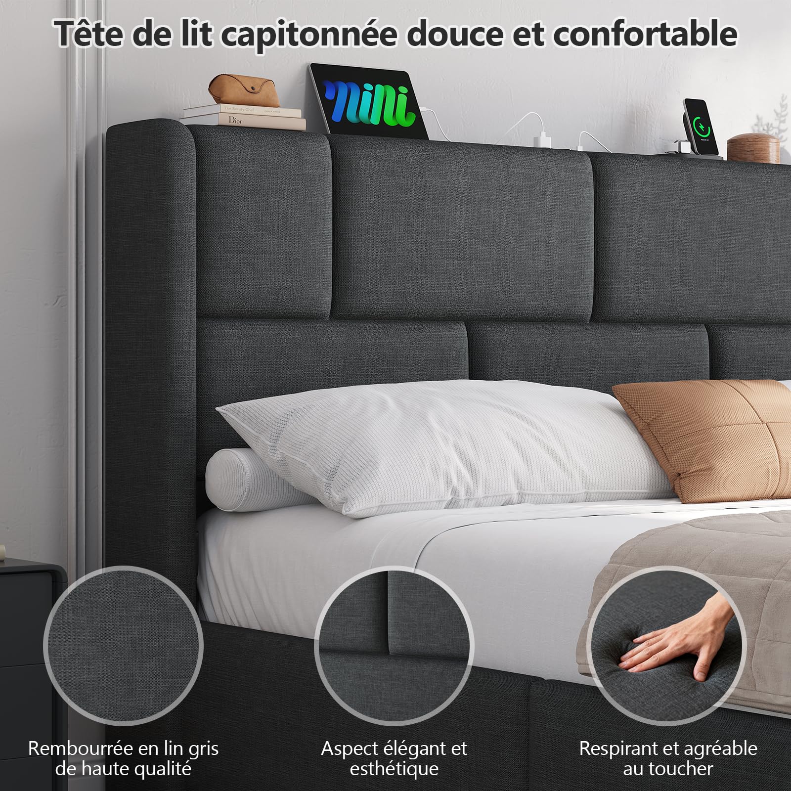 Brinlawb Lit Coffre 160x200 cm avec Rangement, système hydraulique, Cadre de lit 160x200 avec sommier et multiprise, lit Double 160x200 cm avec tête de lit réglable en Hauteur, lit 2 Personnes, Gris