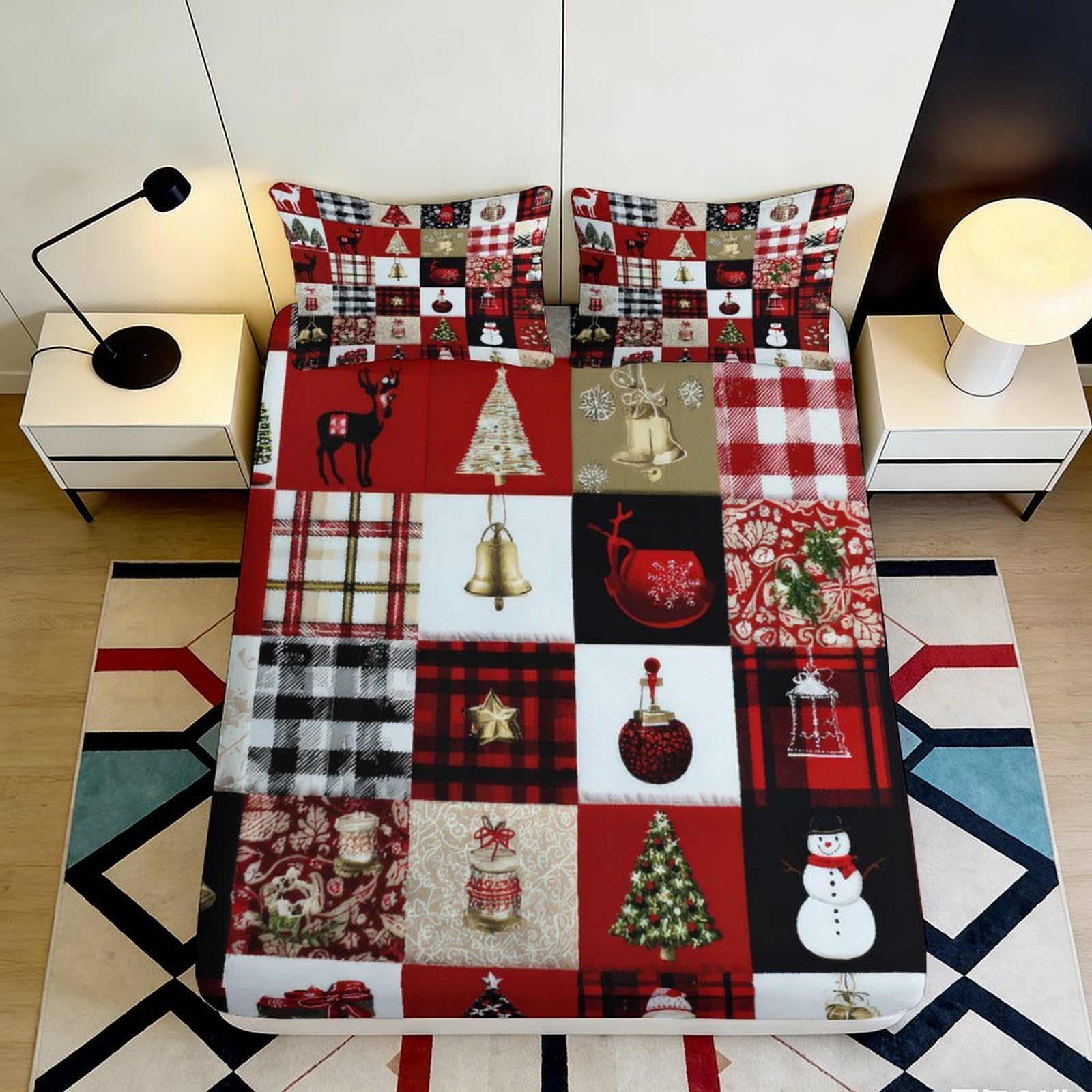3D Printed Christmas Patchwork Fitted Sheet Microfiber Red Plaid Snowman Reindeer Bed Cover Anti-Slip Machine Washable for Bedroom Guest Room 90x200x25cm