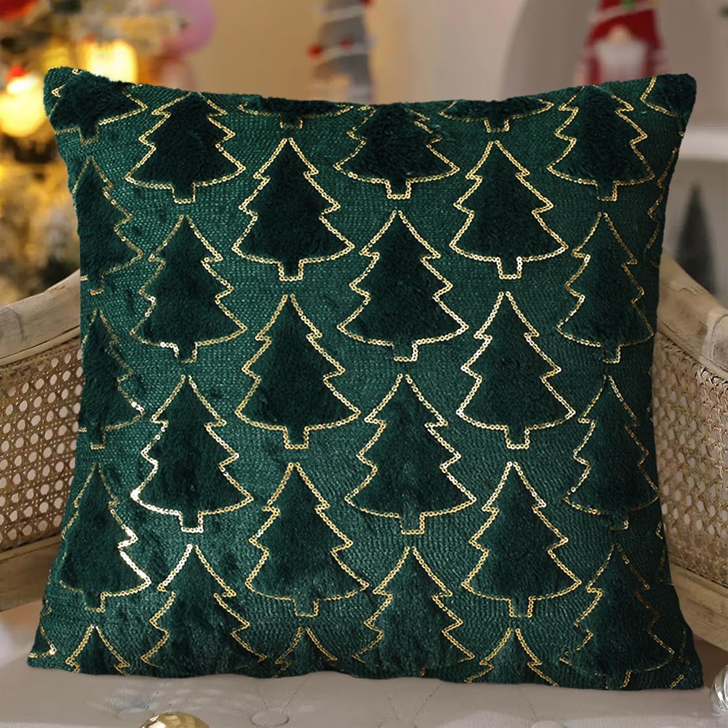 Condition photo showing New/Like New for christmas throw pillow covers 16"x16"set of 2, green christmas tree with gold sequins,soft faux fur decorative throw pillowcases for holiday christmas decor sofa,couch,party green-tree 16" x 16" (pack of 2)