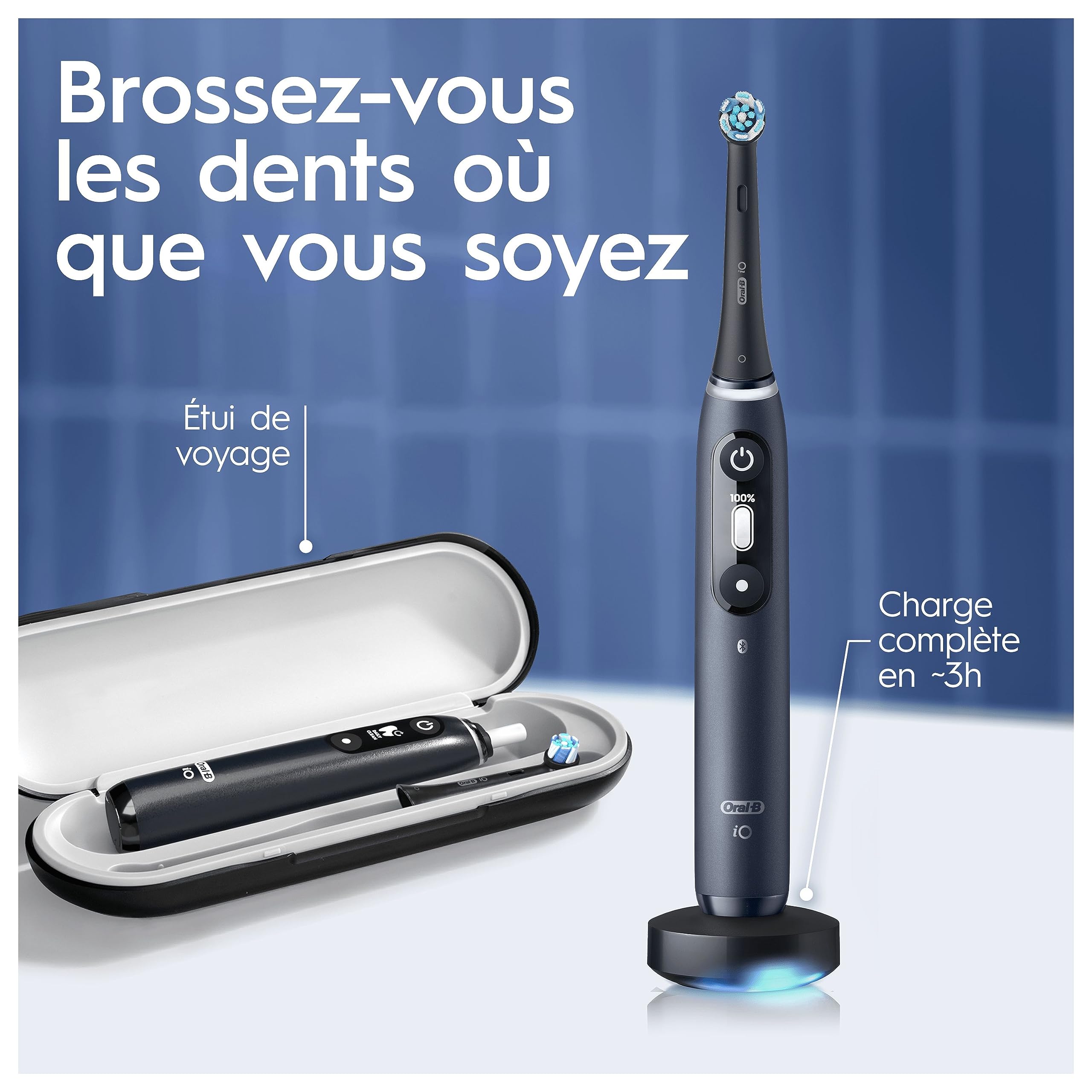 Oral-B iO 7 Duo Brosses À Dents Électriques Noire Et Blanche, Le Capteur De Pression Pour Protéger Les Gencives, Lot De 2 Manches, Des Accessoires, 2 Brossettes Rondes, 1 Chargeur, 1 Étui De Voyage