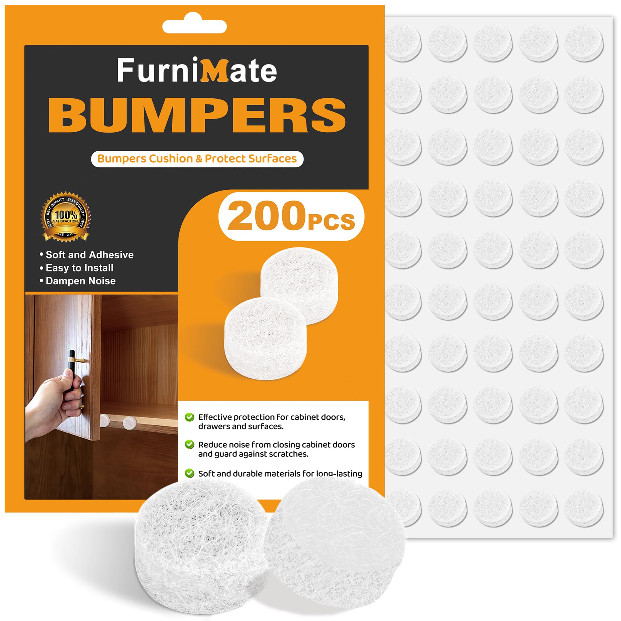 Parachoques de fieltro para puertas de gabinete, almohadillas de fieltro pequeñas para puertas de gabinete, fieltro de 3/8 pulgadas de diámetro, 200 unidades, 3 mm de grosor, autoadhesivo, blanco
