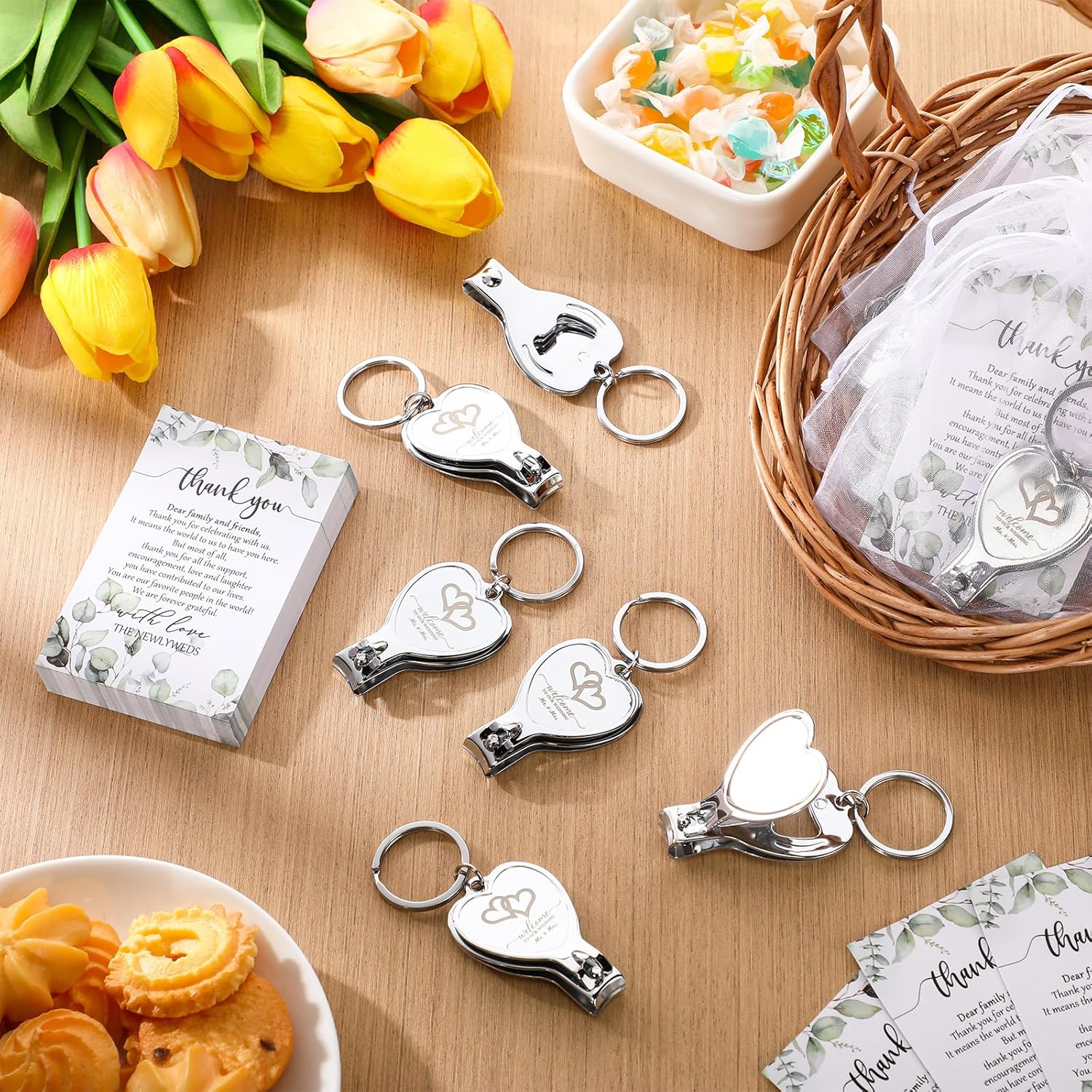 Pickmesh 100 Sets Wedding Souvenir for Guests Heart Multi Function Bottle Opener Nail Clipper with Thank You Cards White Organza Bags Wedding Party Supplies Bridal Shower Gift (Welcome)
