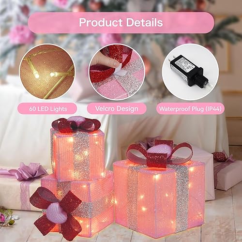 Miniatura 3 de Juego de 3 cajas de regalo iluminadas, 60 cajas de regalo rosas con luz LED enchufables para decoración de Navidad, interiores, hogar, boda,