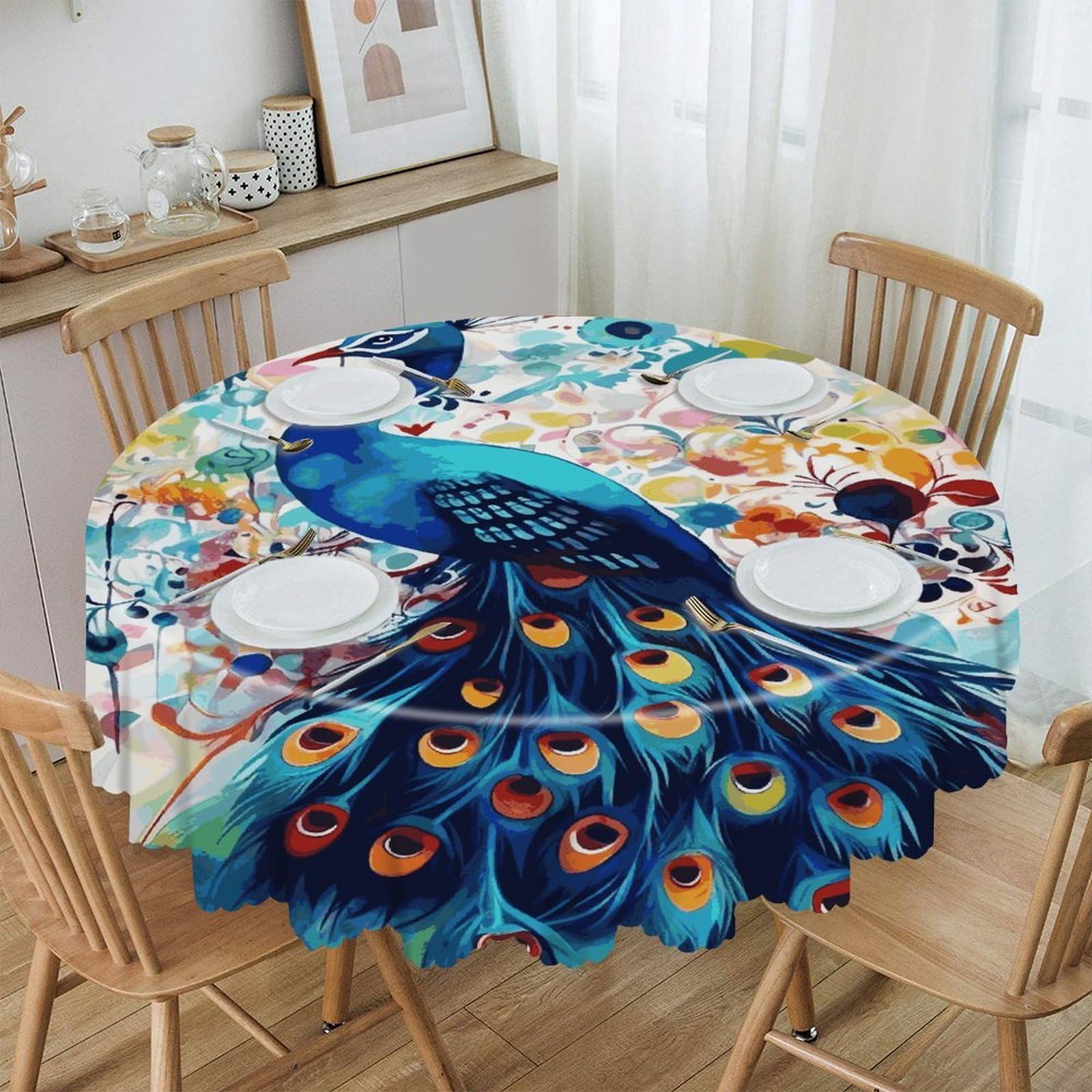 FekiLoot 60 Inch Round Color Peacock Tablecloth Waterproof Heavy Duty Polyester Table Cloth Spill-Proof Wipeable Table Cover Decorative Circle Dining Tablecover for Party Outdoor