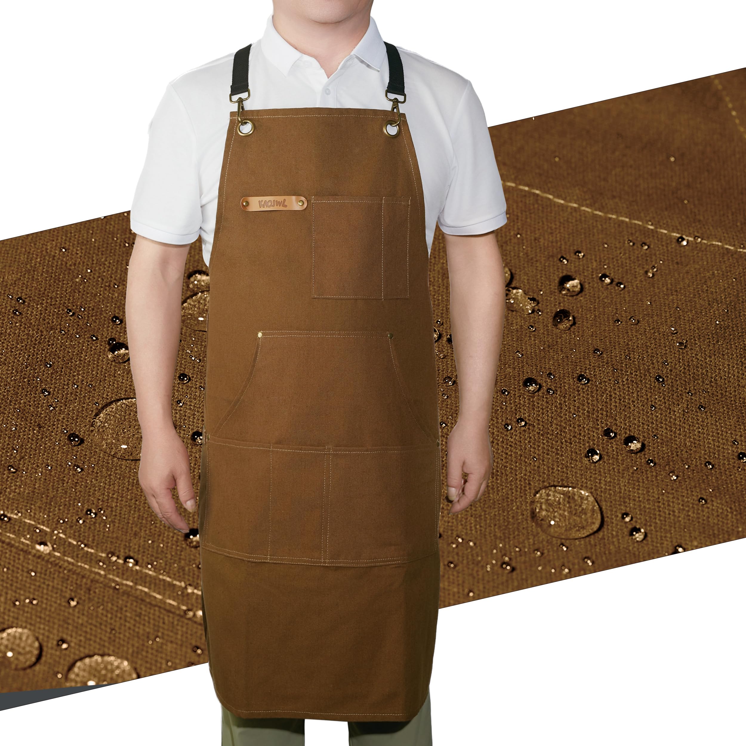 KAQJWL Unisex Chef Apron – Cross-Back, Large Pockets, Water-Resistant Cotton Canvas (Brown Canvas)