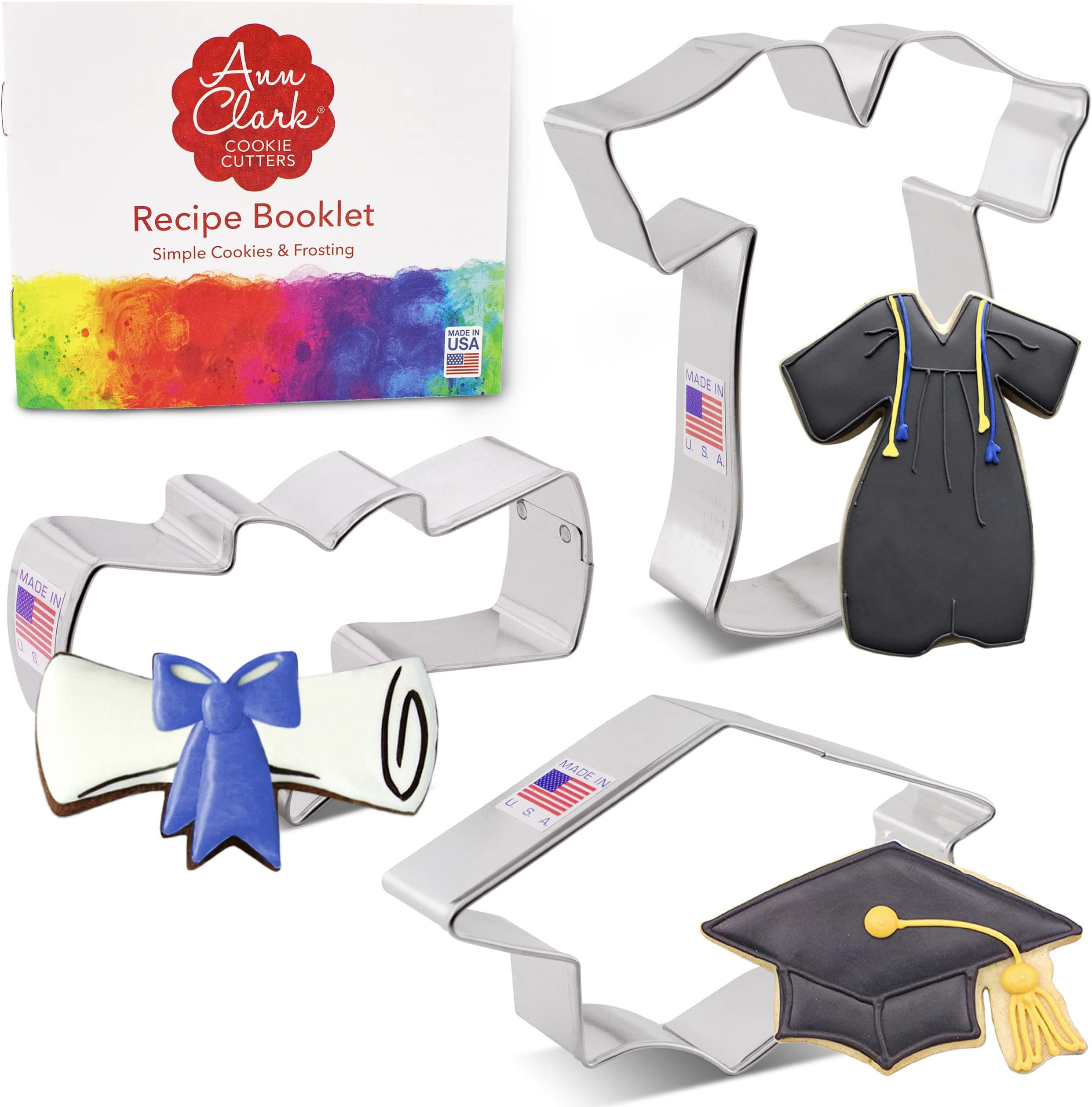 3 Piece Happy Graduation Cookie Cutter Set with Recipe Booklet, Graduation Cap, Diploma and Graduation Gown