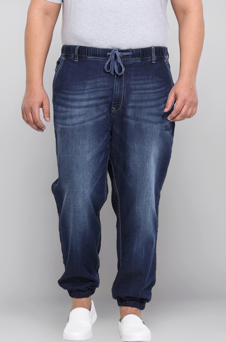 JOHN PRIDE Plus Size Men's Stretchable Mid-Rise Comfort Fit Clean Look Blue Cotton Jogger Jeans for Men