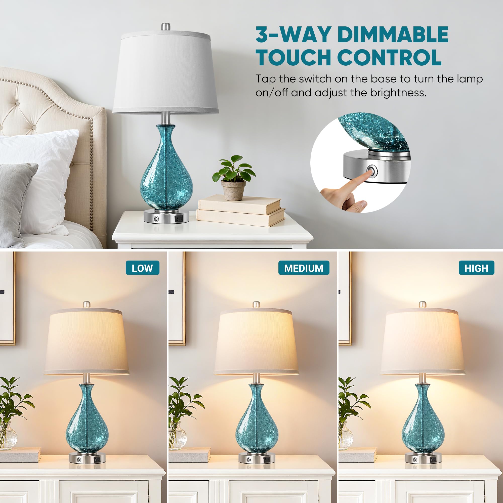 QiMH Lámpara de mesa de cristal para sala de estar, dormitorio, juego de 2, luz LED de control táctil de 22.5 pulgadas, azul de 3 vías, regulables, modernas, con pantalla de tela blanca para