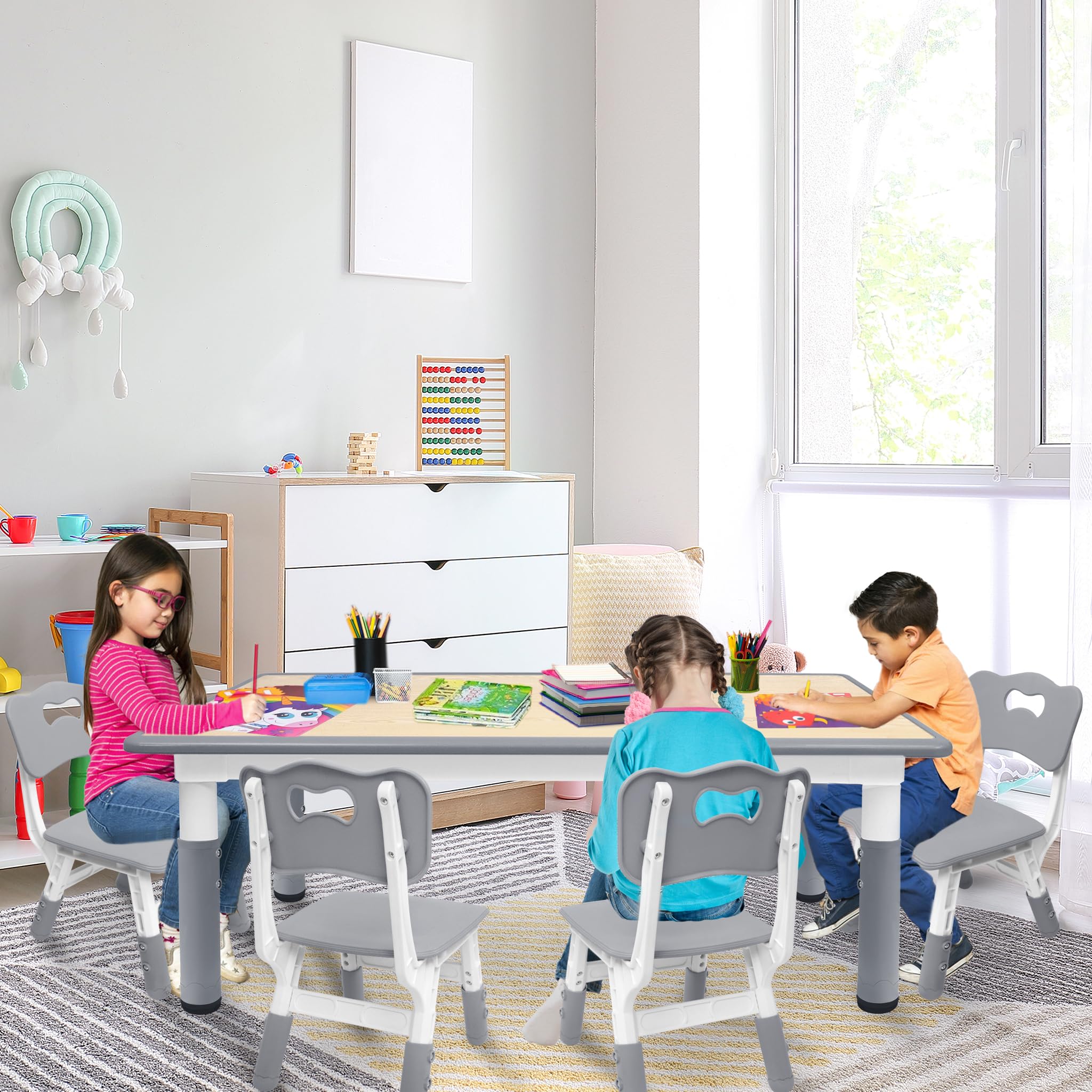 ACXIN Table pour enfants avec ensemble de 4 chaises, ensemble de table pour enfants en plastique, hauteur réglable, ensemble de meubles pour enfants table et chaises pour chambre d'enfant, crèche et