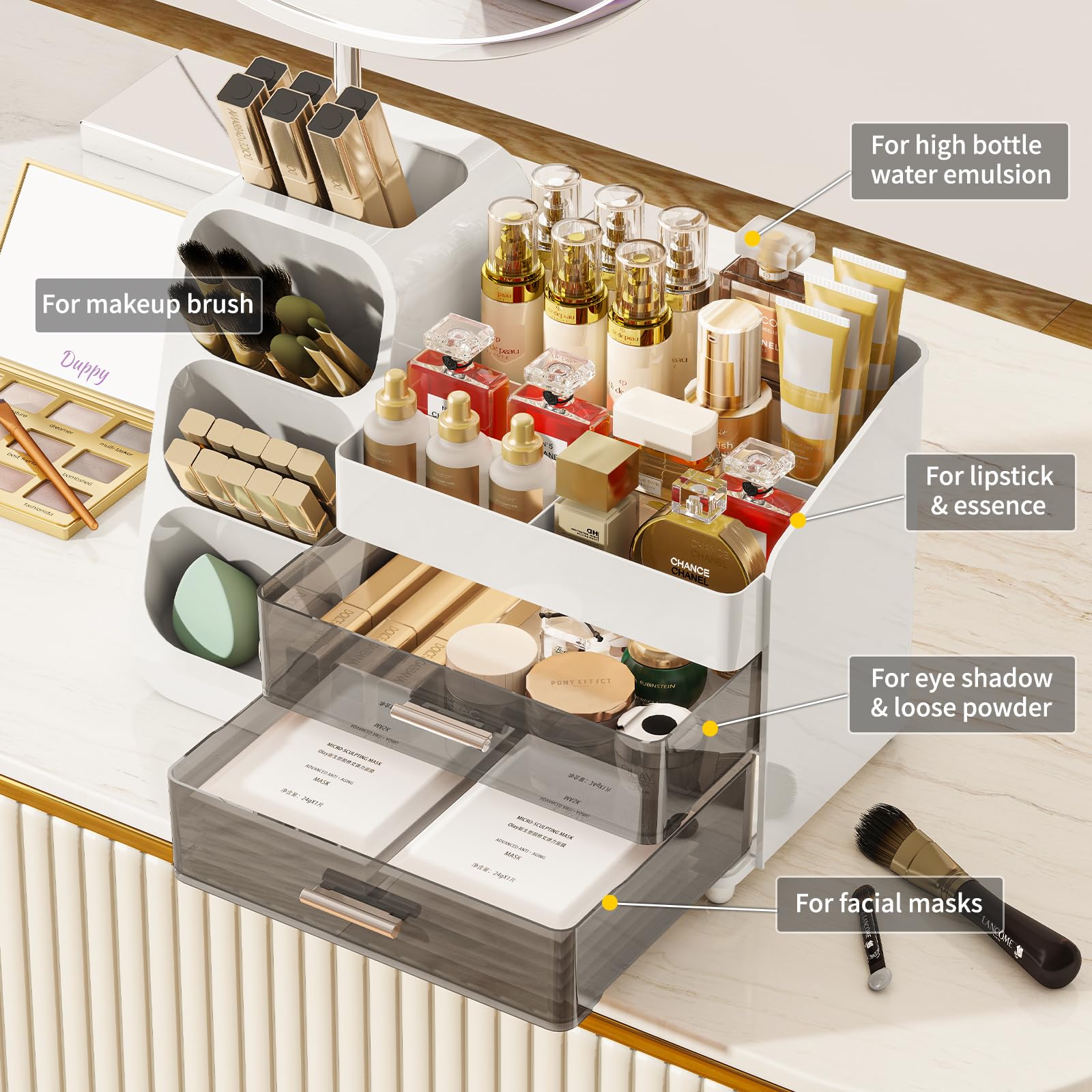 Makeup Organizer with Drawers for Vanity, Make Up Storage Kit, Spacious Cosmetic Display Case, Perfect Storage Solution for Beauty Essentials (White)