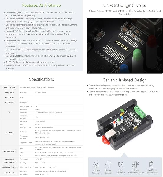 Waveshare USB to RS485/422, Industrial Grade Isolated Converter, Up to 1200m Long-distance Transmission, Compatible With Mac/Linux/Android/Win11/10/8.1/8/7, Support Wall-Mount & Rail-Mount - 4