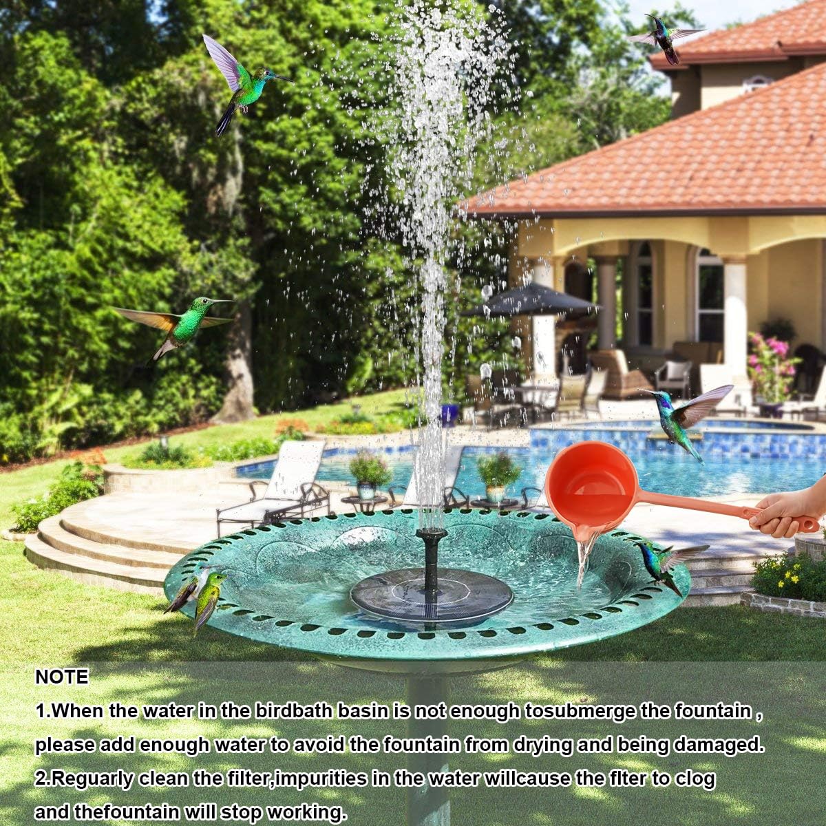 Pompa a fontana per uccelli a energia solare con 6 ugelli per vasche per uccelli, giardini, laghetti e piscine, decorazione ideale per esterni