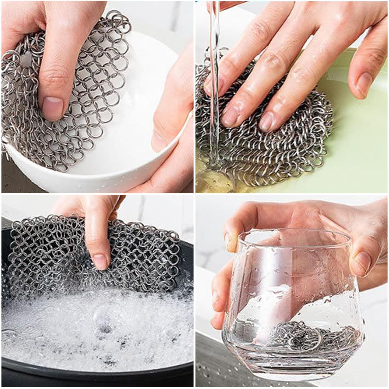 Nettoyeur de Fonte en Acier Inoxydable 18 x 18cm Cote De Maille Hollandais Cotte De Maille Avec Racloir En Plastiquenettoyant pour Tous Les Types de Poêles, Grilles et Fours Hollandais