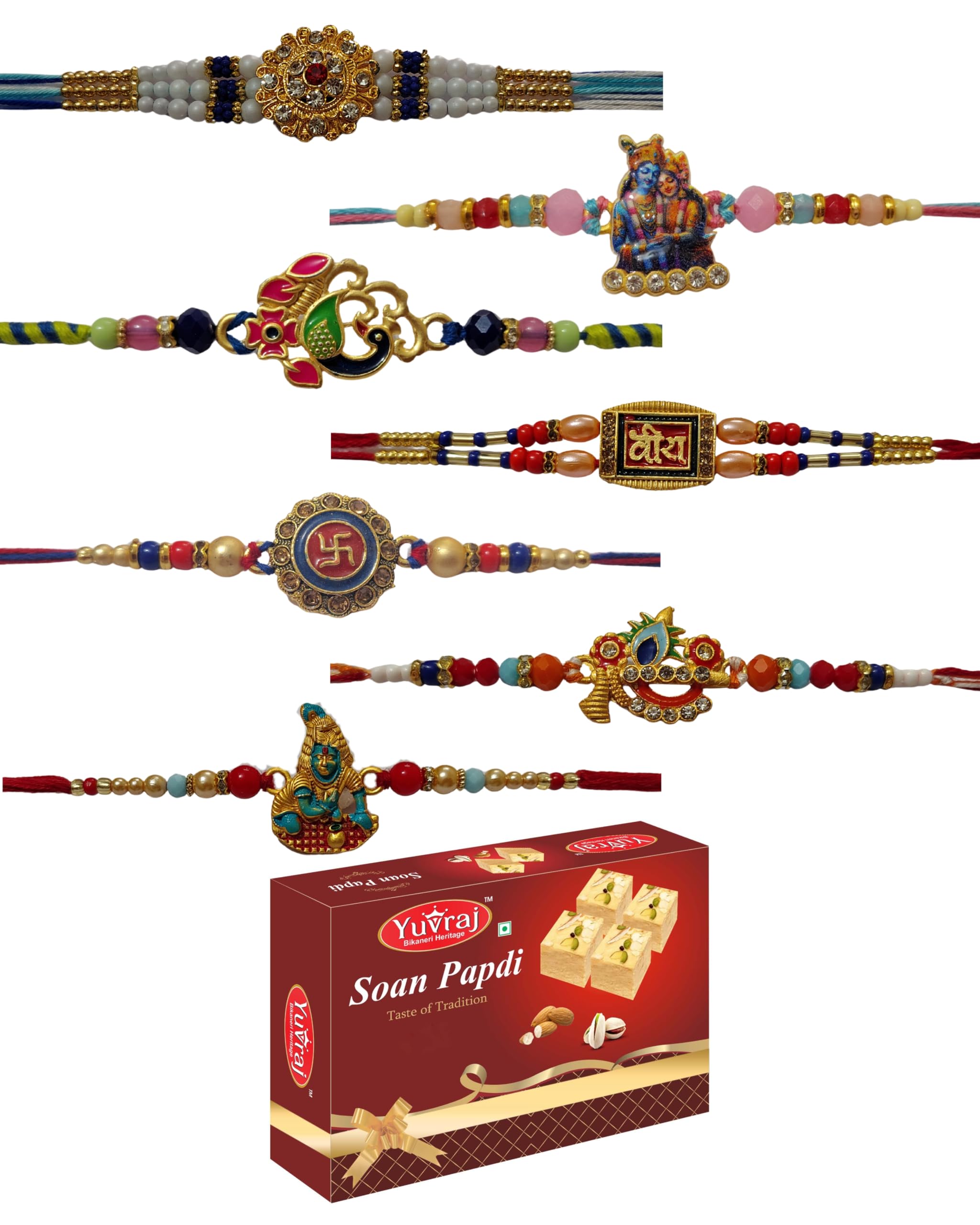 Yuvraj 7 combo rakhi set for 7 brother with sweets soan papdi 200 gm | roli chawal pack-picture-12