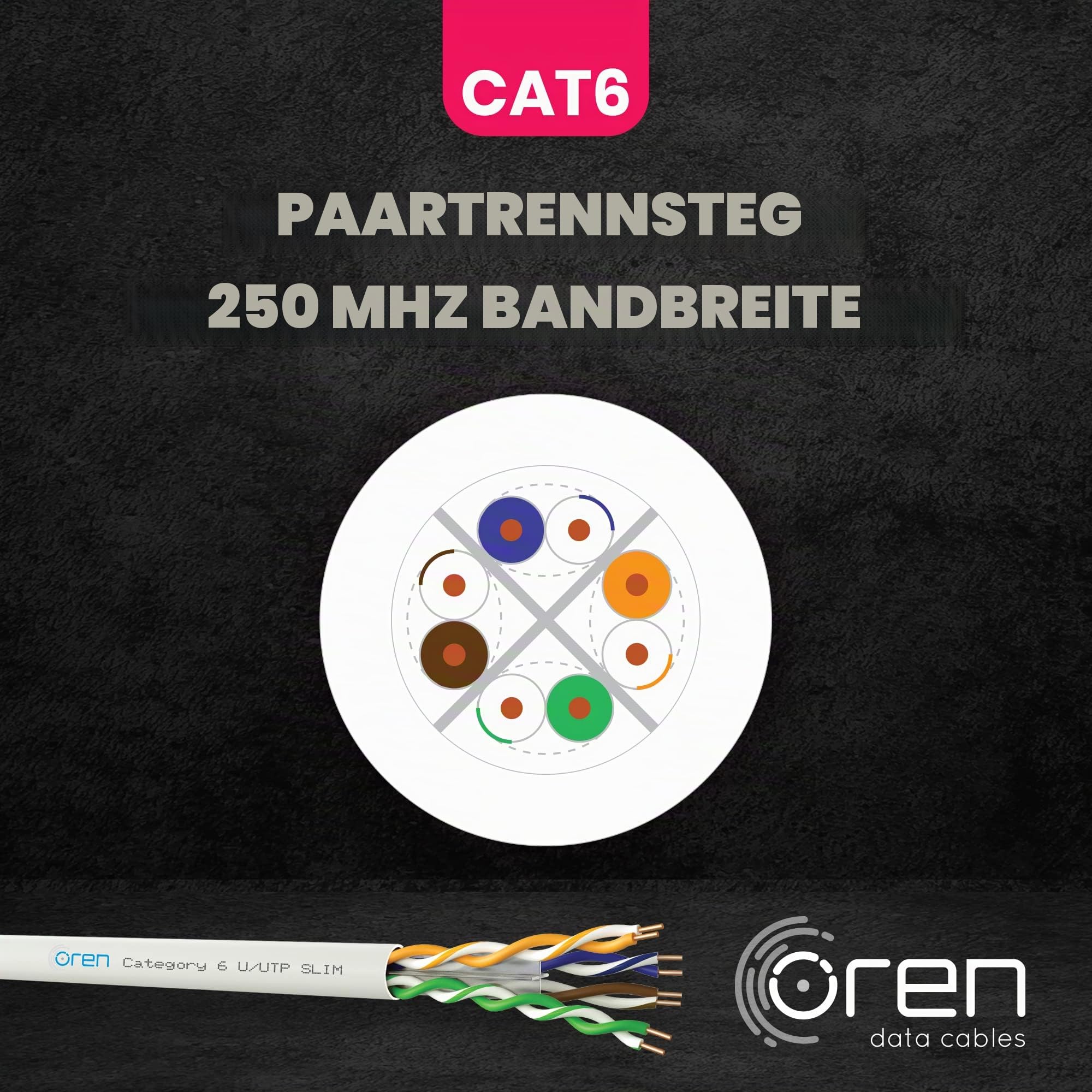 Oren CAT6 100m Ethernet Kabel Weiß - Schlank - 23 AWG Reines Kupferdraht - 250 MHz Bandbreite UTP Internet LAN Netzwerkkabel - Halogenfrei, Korrosionsfrei - Gigabit High Speed Ethernet Kabel