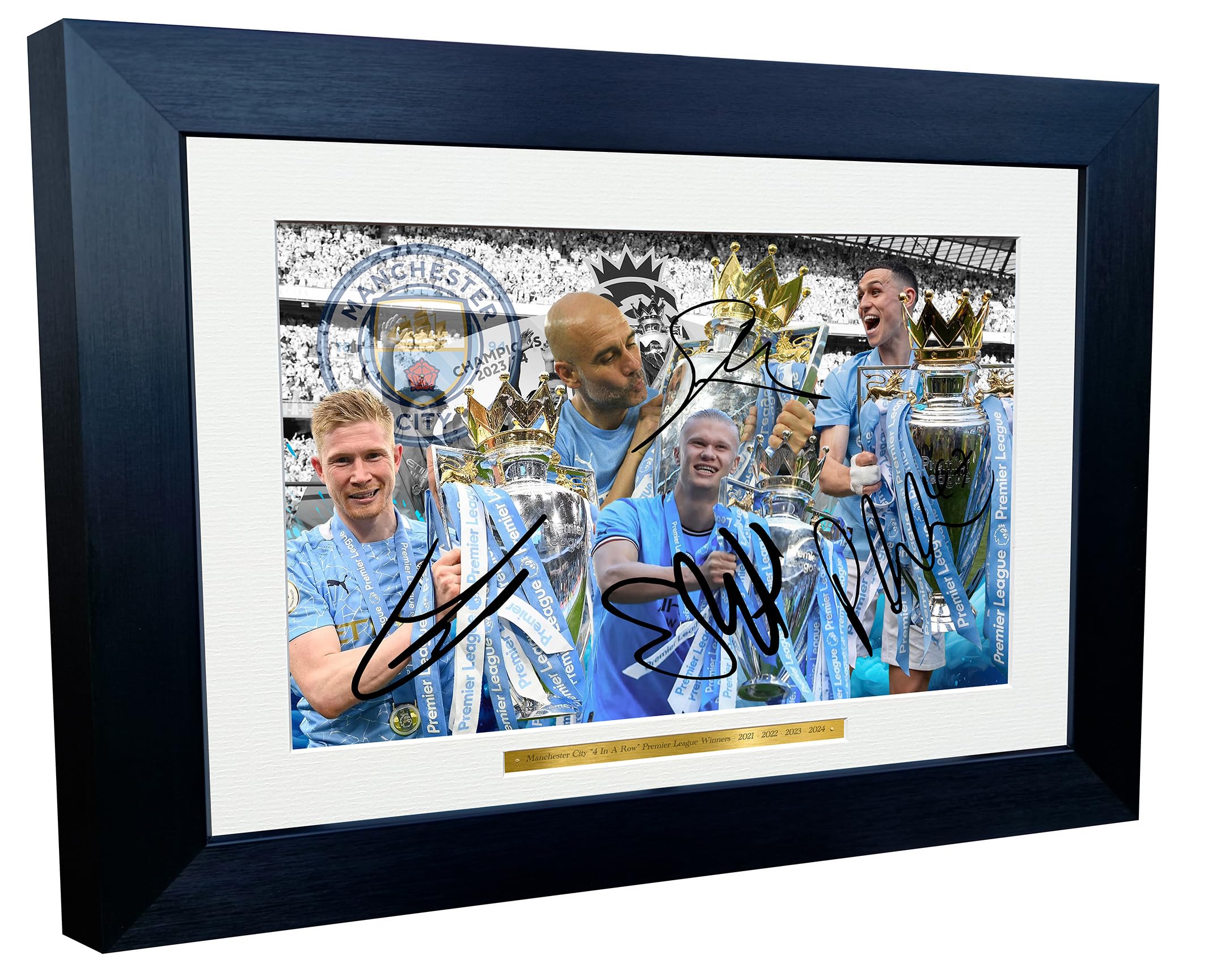 Kitbags & Lockers Black 12X8 A4 Signed Manchester City Fc Premier League Winners 4 In A Row 2021/2022/2023/2024 Kevin De Bruyne Pep Guardiola Erling Haaland Phil Foden Autographed Photo Photograph Picture Frame Poster Gift Size 12