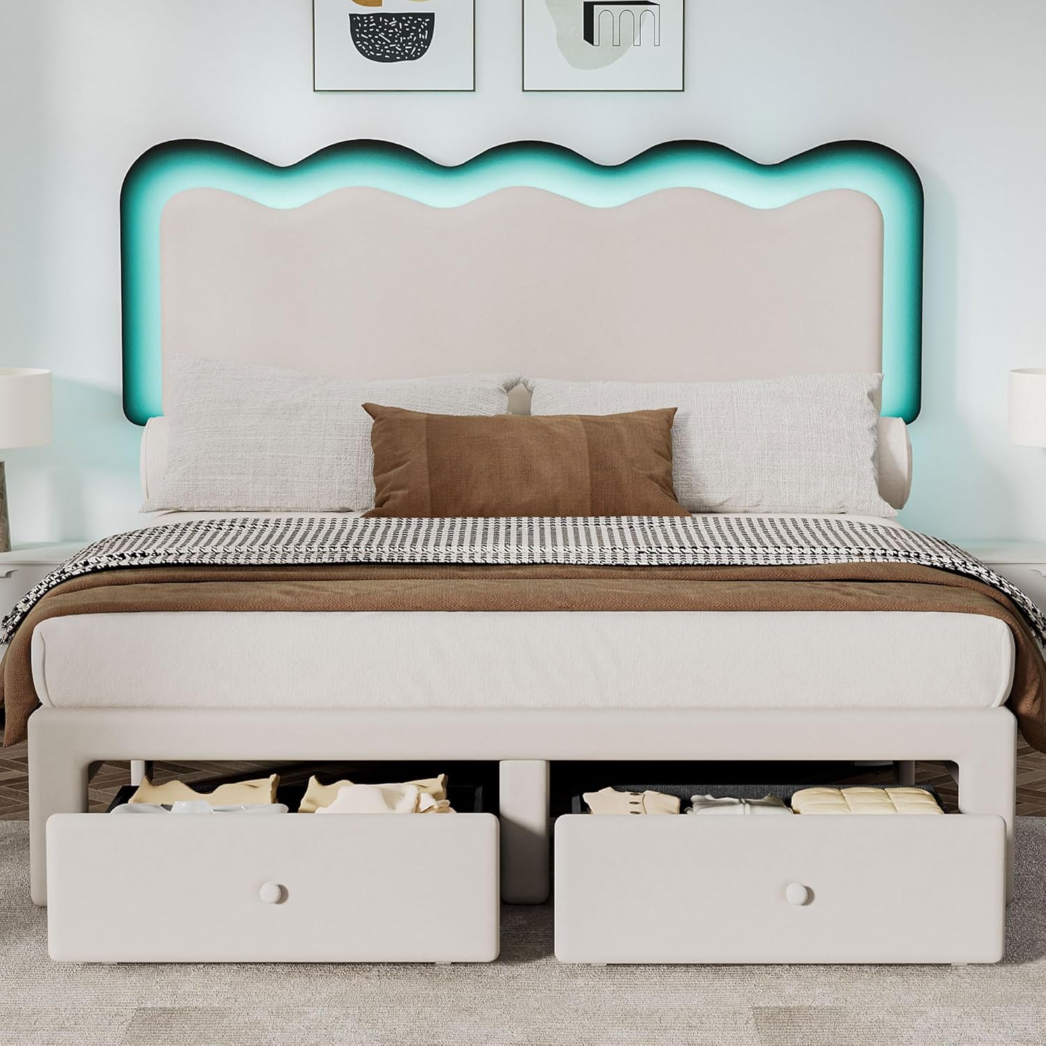 Velvet LED Queen Size Bed Frame with 2 Storage Drawers & Double Wavy Headboard, Velvet Princes Platform Bed with Solid Wood Slats Support, No Box Spring Needed, Beige