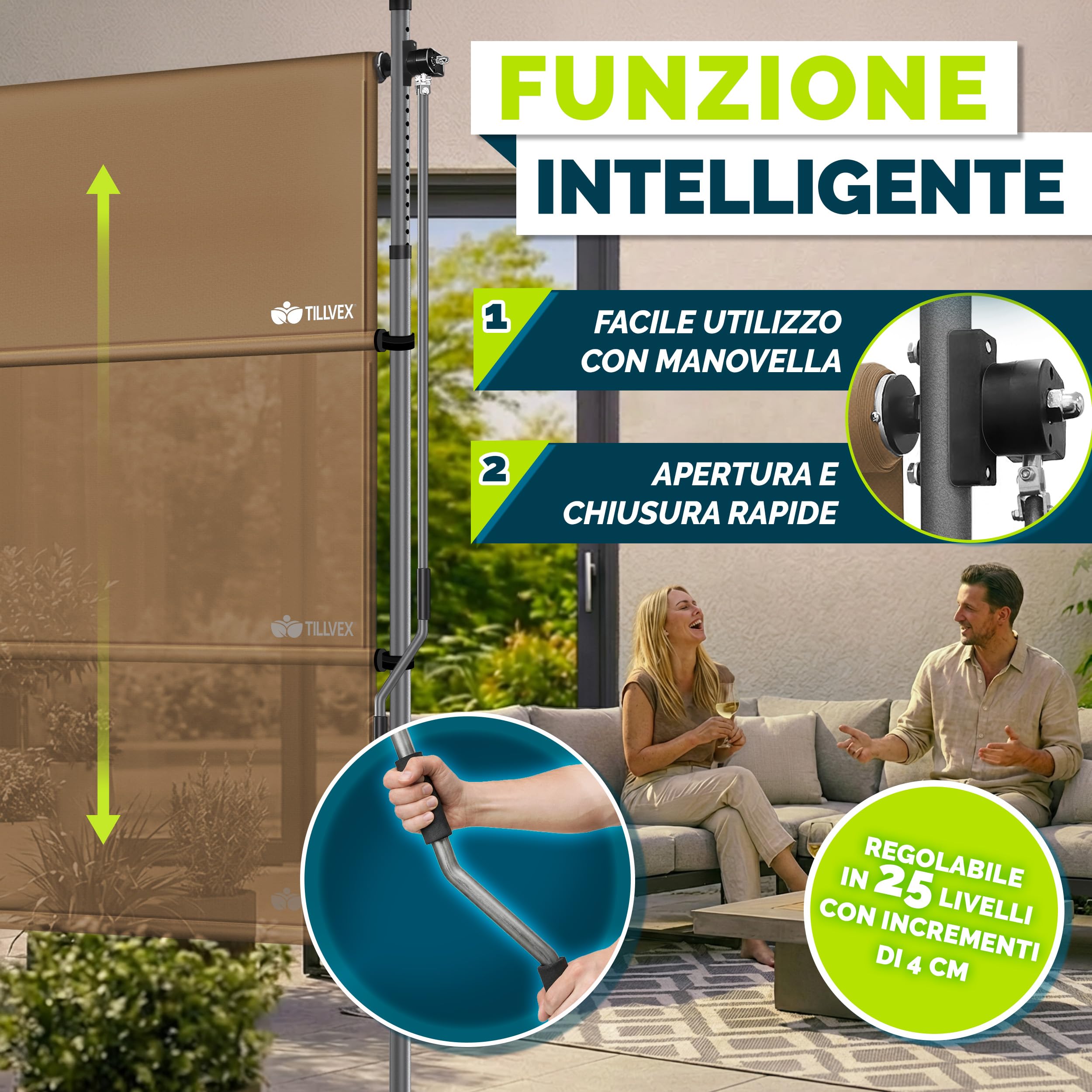 Tillvex Tenda da sole verticale per esterni 200 x 310 cm Taupe con manovella frangivista estraibile opaca balcone terrazza resistente intemperie
