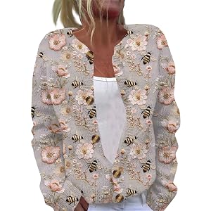 Womens Cardigan Sweaters Fashion Knitted Long Sleeve Openfront Sweaters Fall Button Down Cardigan Floral Print Clothes