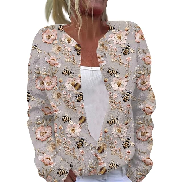 Womens Cardigan Sweaters Fashion Knitted Long Sleeve Openfront Sweaters Fall Button Down Cardigan Floral Print Clothes