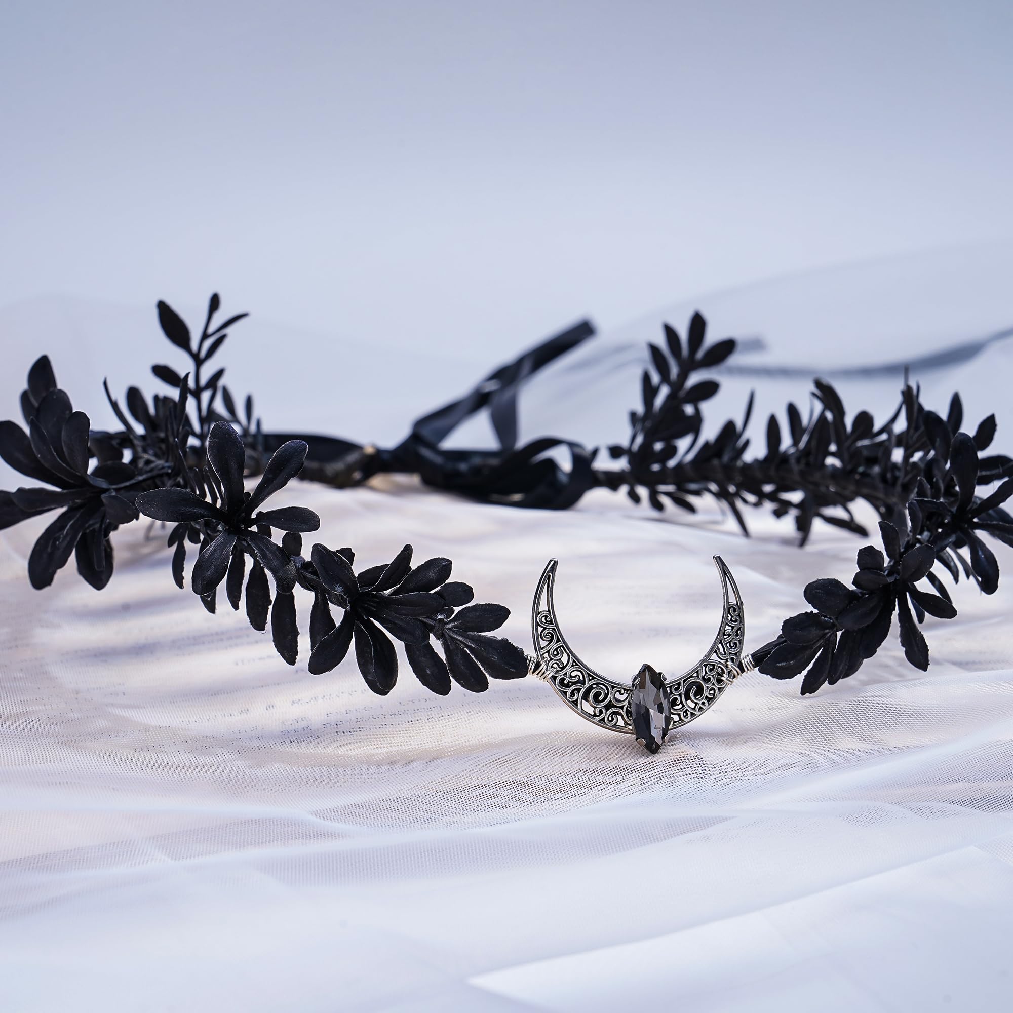 MOSTORY Black Elf Crown Headband for Women Gothic Flower Crown Headpiece for Renfaire Party Photo Shoots Moon Elf Tiara for Halloween Cosplay - Image 2