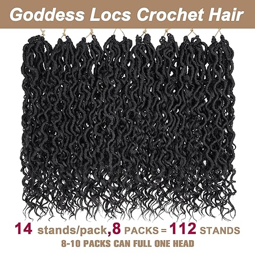 Miniatura 5 de COOKOO 14 pulgadas, 8 piezas de cabello de ganchillo Goddess Locs en total 112 hebras de pelo sintético negro natural de ganchillo de río hippie