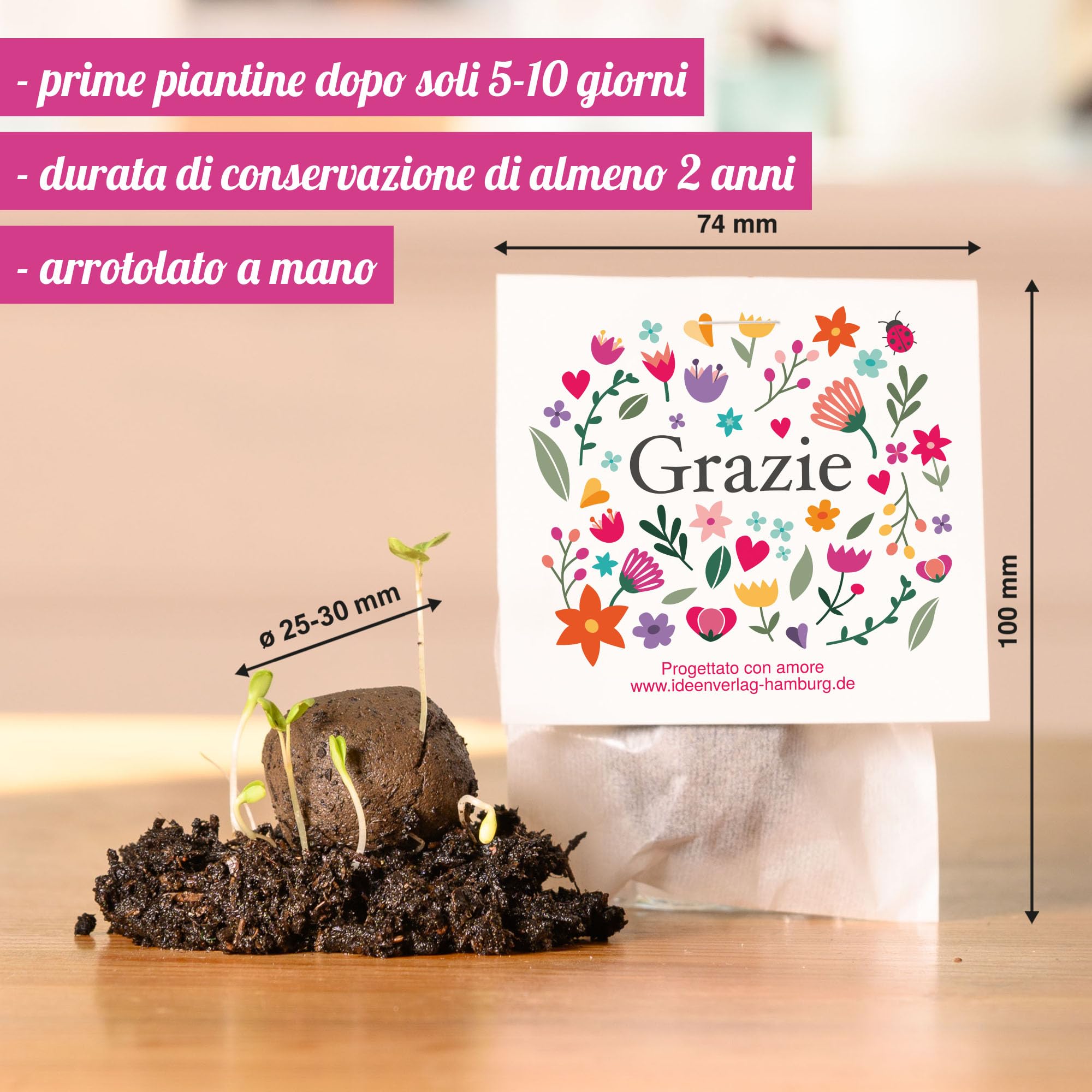 10x "Grazie" bombe di semi – regalino e piccolo omaggio - bombe di fiori come regalo di ringraziamento per colleghi, ospiti & bambini - semi di fiori & sfere di fiori come dono di ringraziamento
