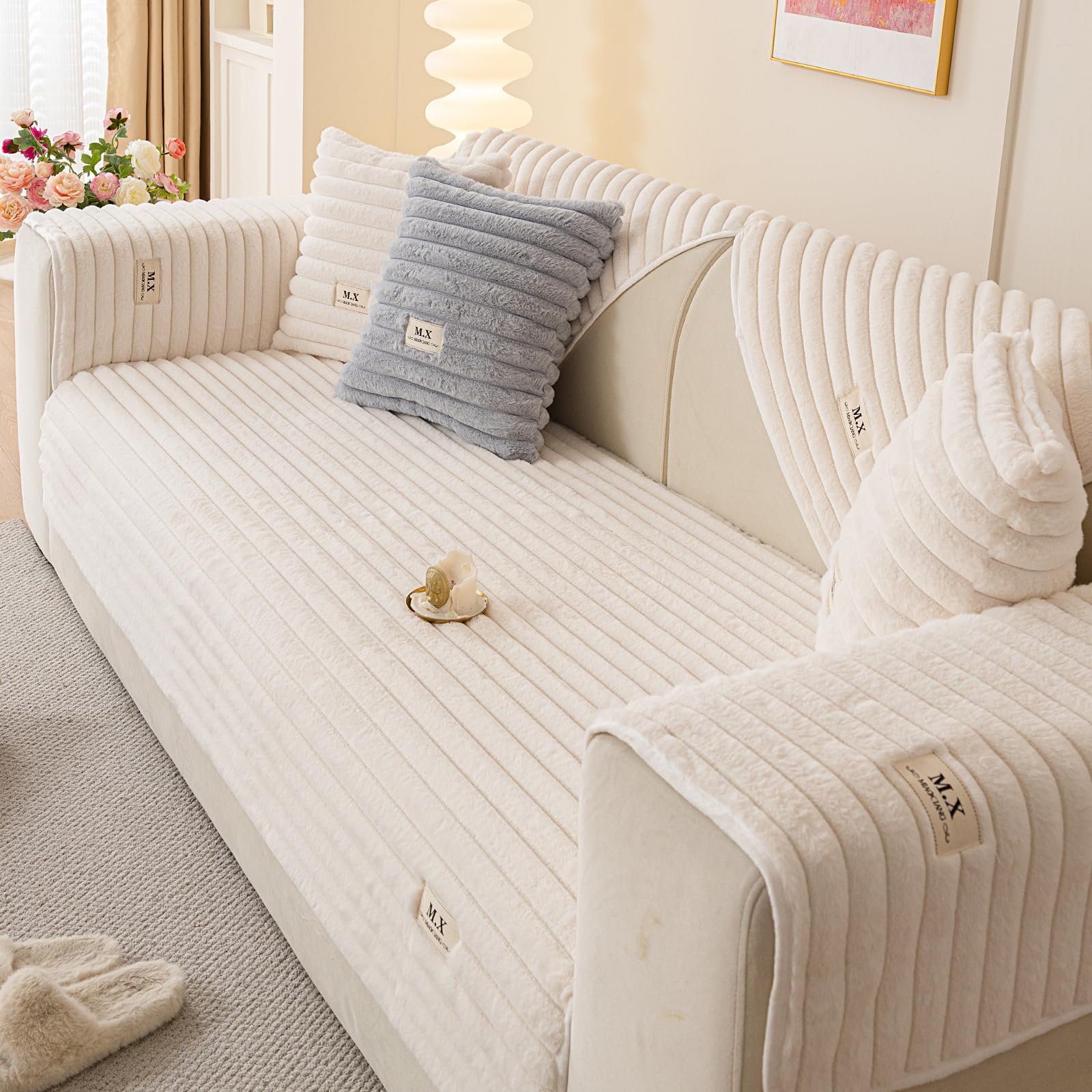 tianxinbaobei Fuzzy Sectional Couch Cover for Sofa, Plush Warm Sofa Covers Washable for 3-4 Seat Cushion Couch,Non-slip Slipcover Sofa Covers for Pets Dogs Furniture Protector(1PC,White,35"x83")