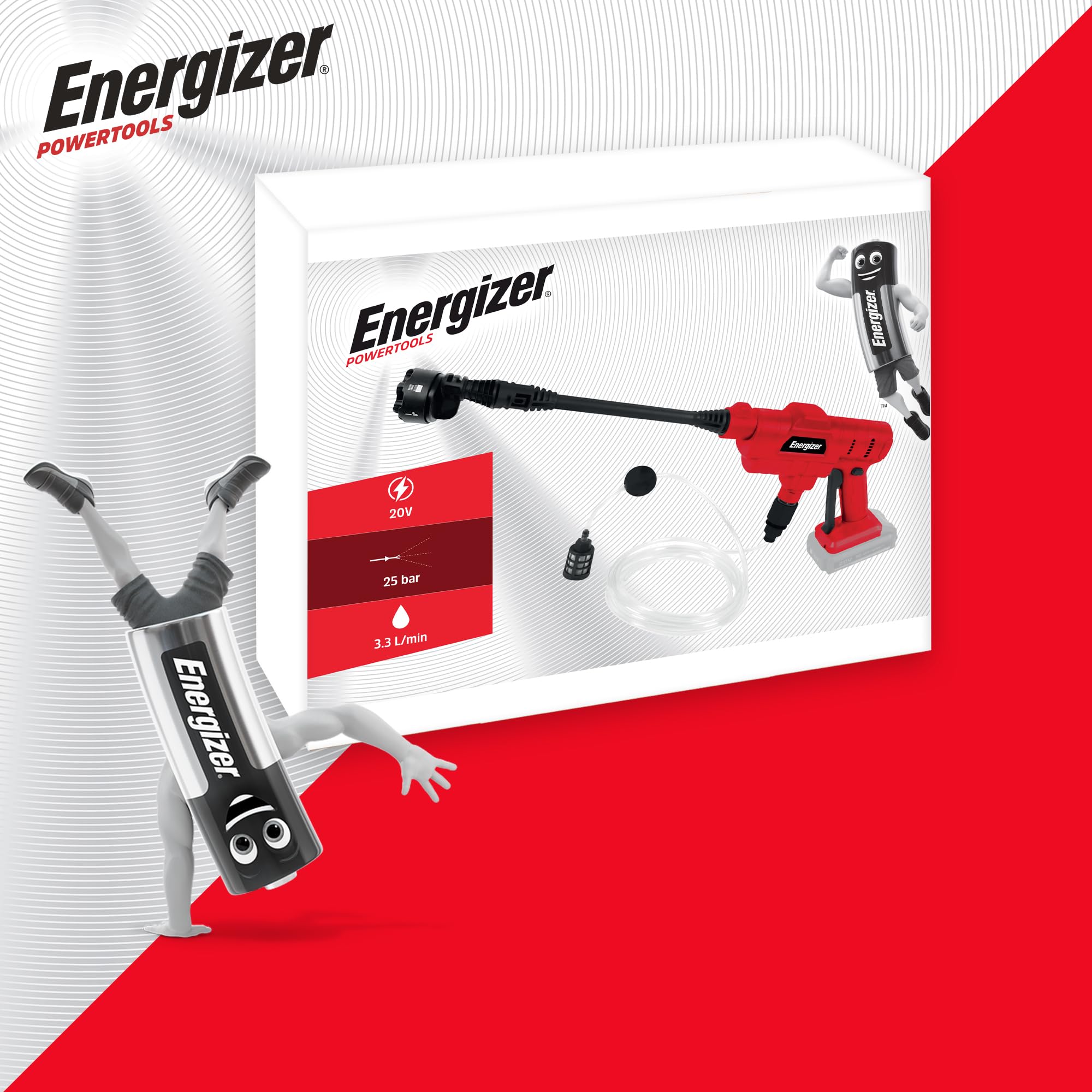 Energizer - Netttoyeur Haute pression Sans Fil 20V Batterie (incluses) - 25 Bar, 6 Réglages de Buse, Débit 3,3L/min, Accessoires inclus(Tuyau Captage 1.5M/Crépine) Entretien Extérieur Balcons Voitures