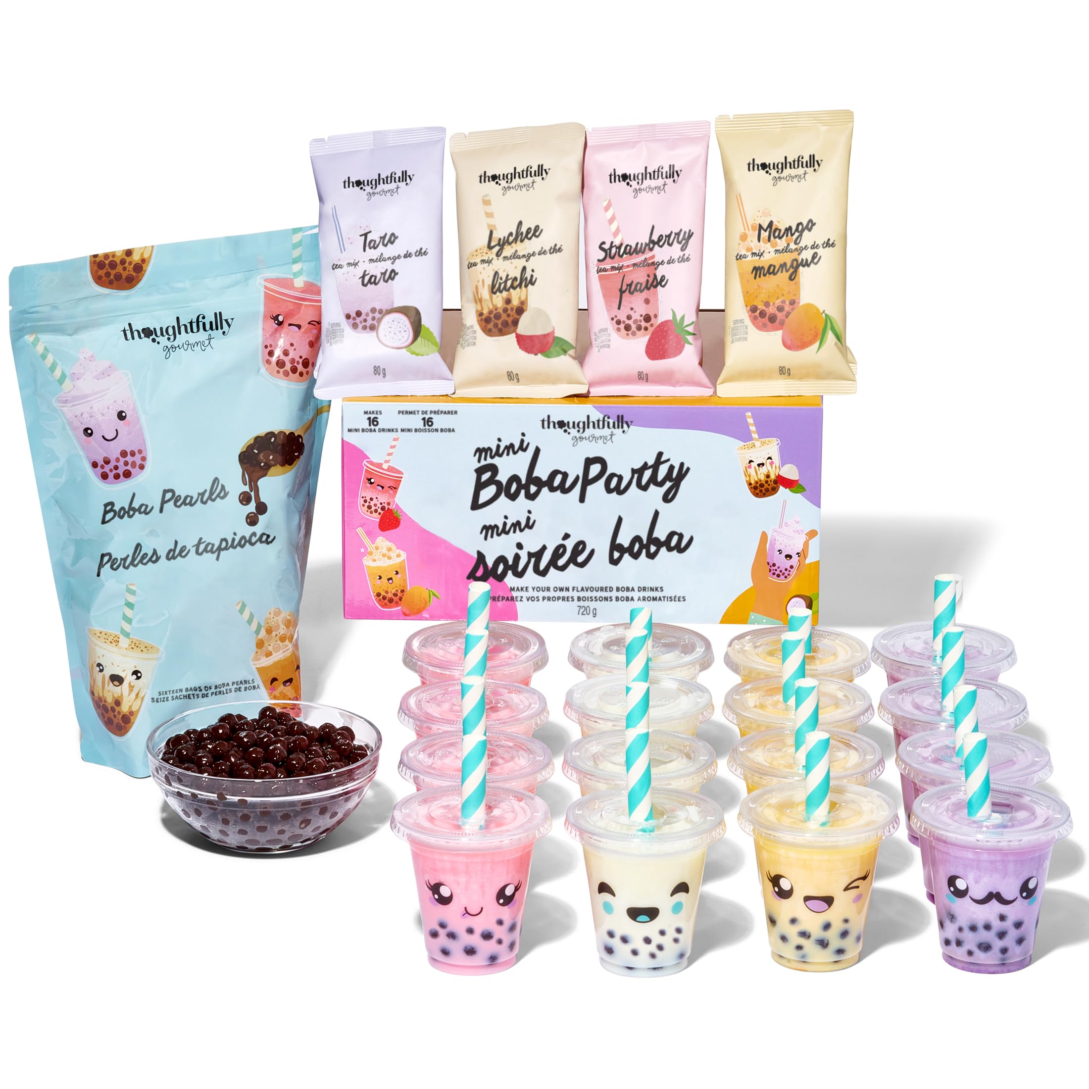 Thoughtfully Gourmet, Mini Boba Party Set, Pour 16 portions de Bubble Tea, avec 4 parfums, perles Boba, gobelets, couvercles et pailles | Lot de 4 saveurs avec perles Boba, gobelets et pailles - Pour enfants et adolescents - Excellente idée cadeau