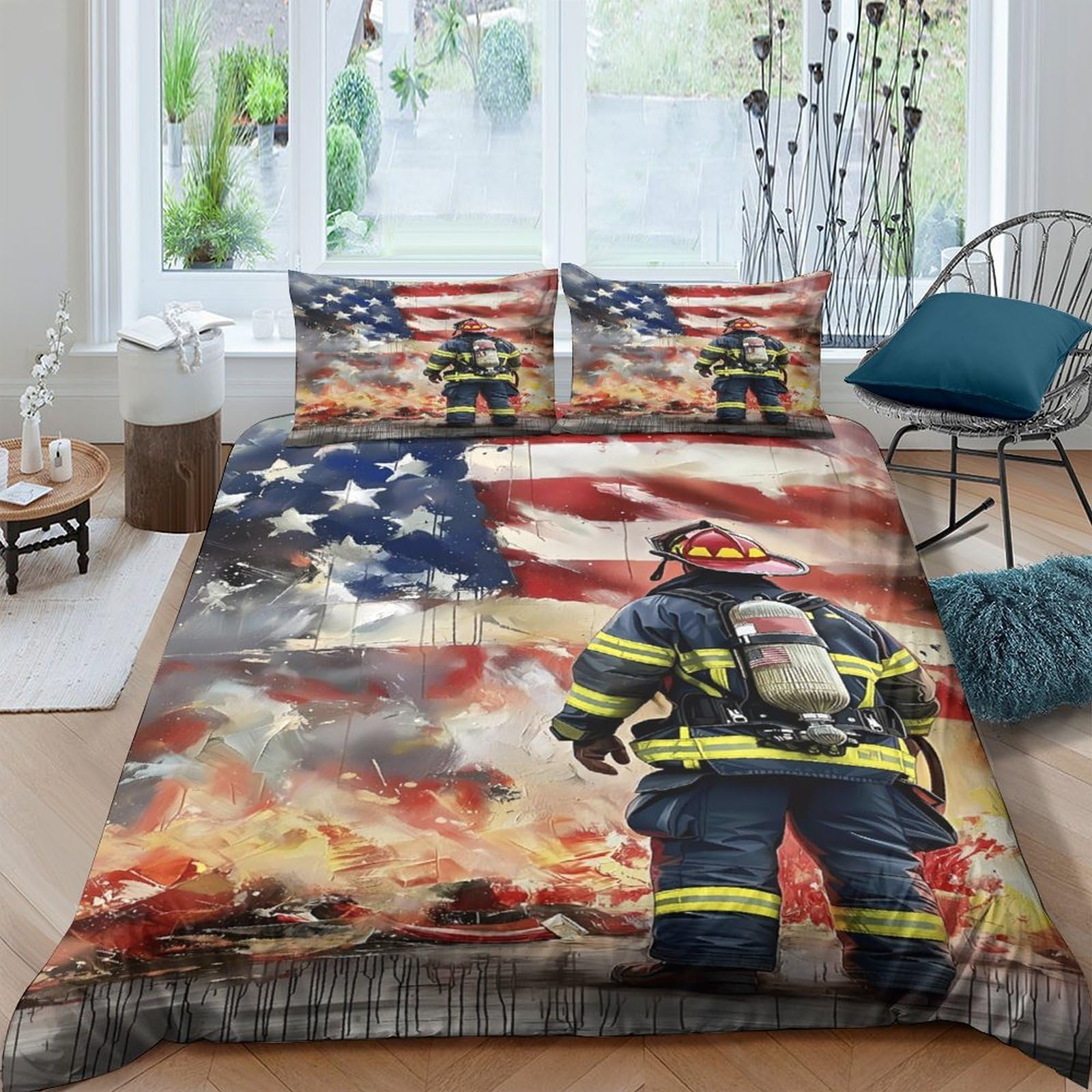 Ctjqhvkz Style-6 3D Printed American Flag Fitted Sheet Microfiber Firefighter Flames Bed Cover Non-Slip Washable Bedroom Decor Single（135X200cm）