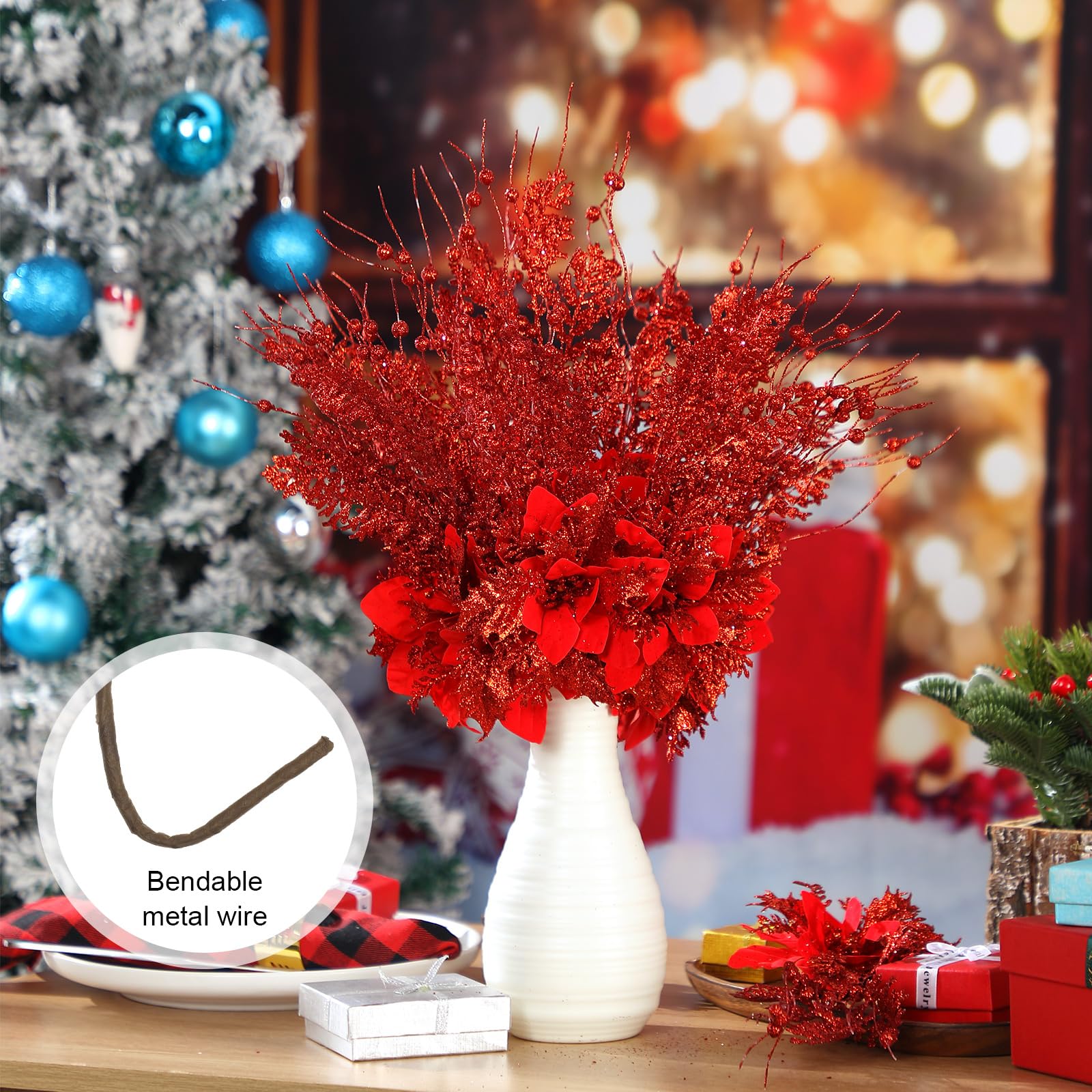 Canlierr 15 Stück 43,2 cm künstliche Glitzer-Beerenstiel-Ornamente mit Weihnachtsstern, Weihnachtsstern, für Weihnachtsbaum, Vase, Urlaub, Party, Heimdekoration (rot)