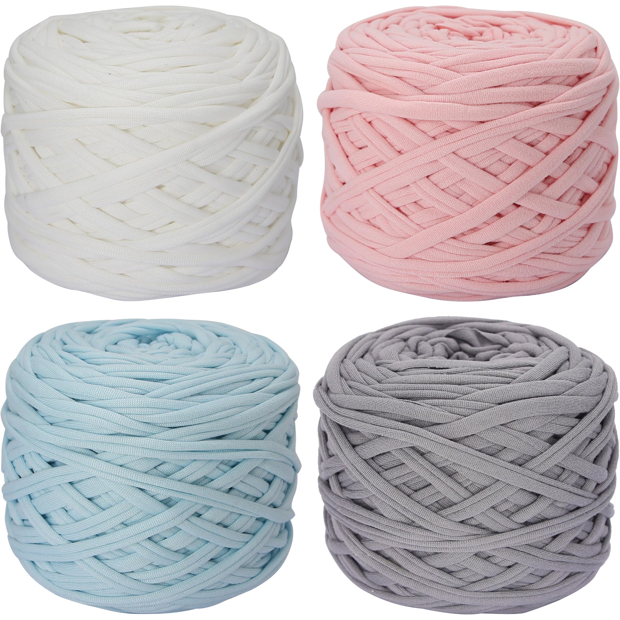 4 PCS 800g T-Shirt Yarn Elastic Fabric Crochet Cloth for DIY Knitting, Spaghetti Thick Yarn for Hand DIY Bag Basket Cushion Crocheting Projects, Home Decor (White+Pink+Blue+Grey)