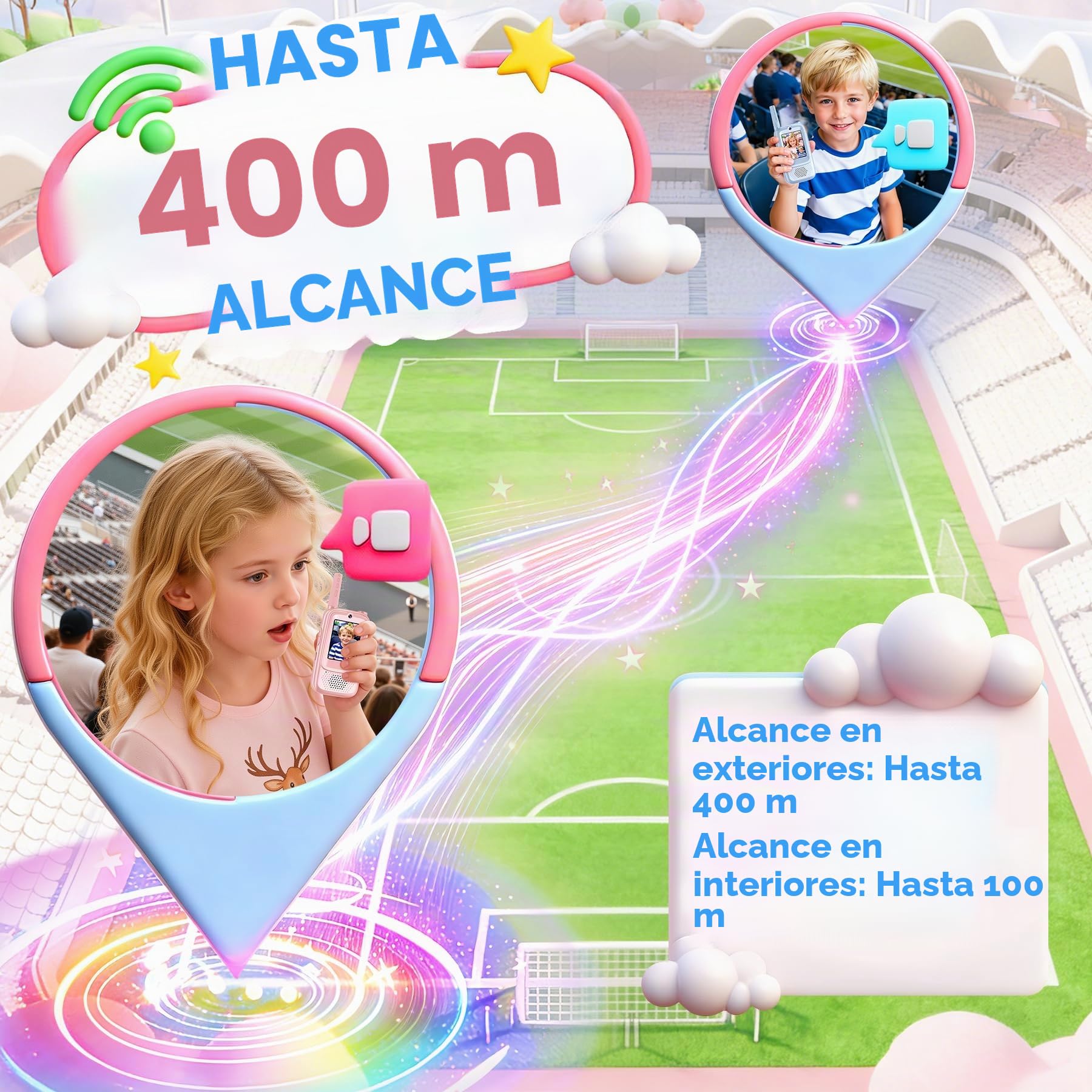 Pourbibi Walkie Talkie Niños Recargable,Walkie-Talkies con Pantalla, Alcance de 400 Metros y 4 Efectos de Voz, Juguete para Niños de 3 a 12 Años, Ideal para Exteriores y Acampadas, Alto Rendimiento.