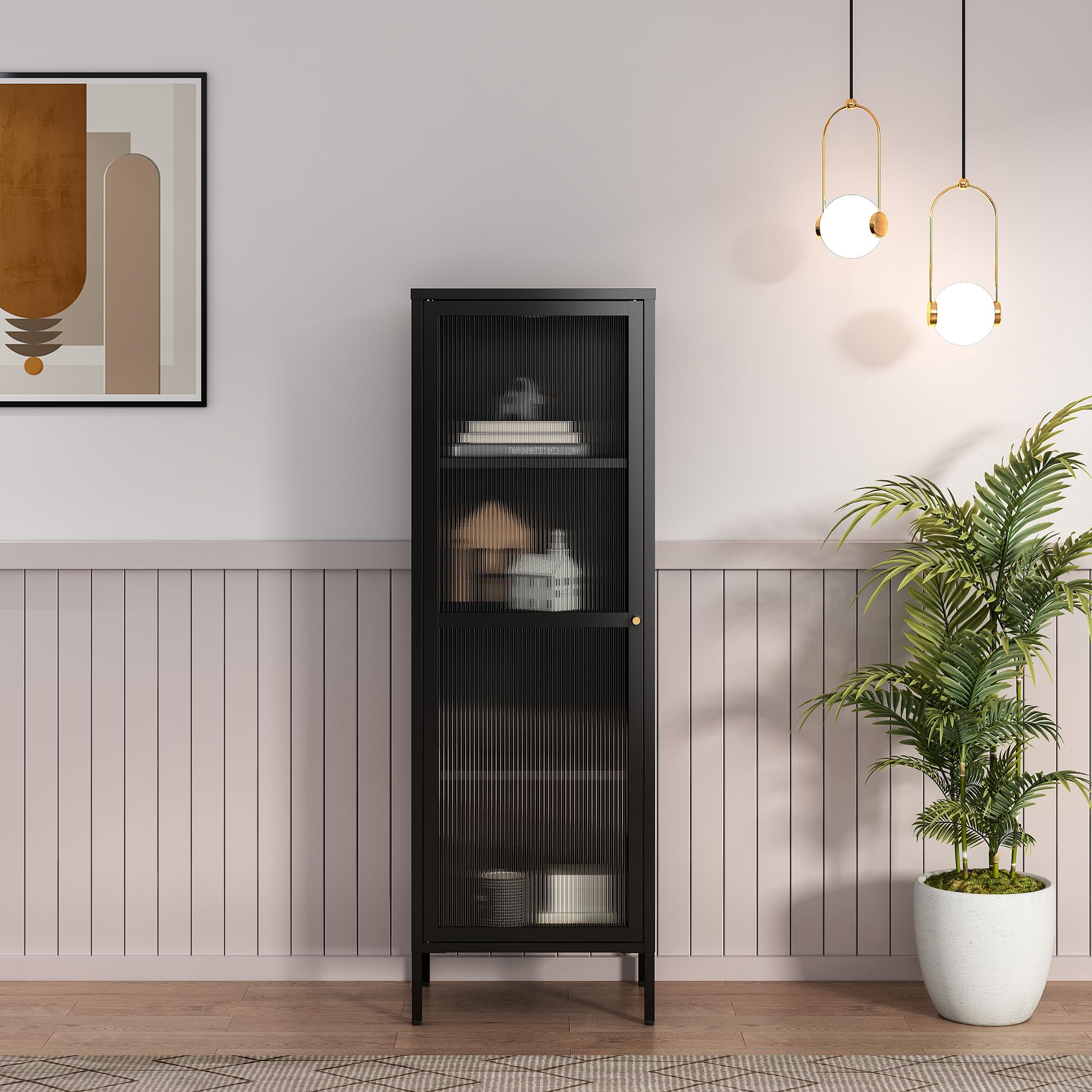 [en.casa] Armadio a Vetrata con 4 Scomparti Credenza Alta Libreria Espositiva Vetrinetta Anta in Vetro Semitrasparente Scanalato 150 x 50 x 35 cm Mobile in Acciaio - Nero