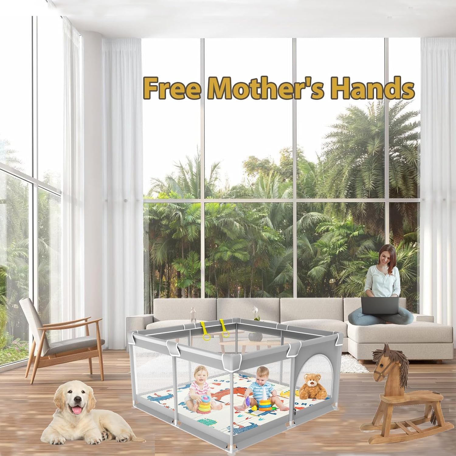 120x120cm Laufstall Baby,Laufgitter Baby Faltbar mit Matratze,Kinder Laufgitter mit Spielmatte 4 Saugnäpfen, Schaum Matte,Atmungsaktivem Mesh Reißverschlusstür
