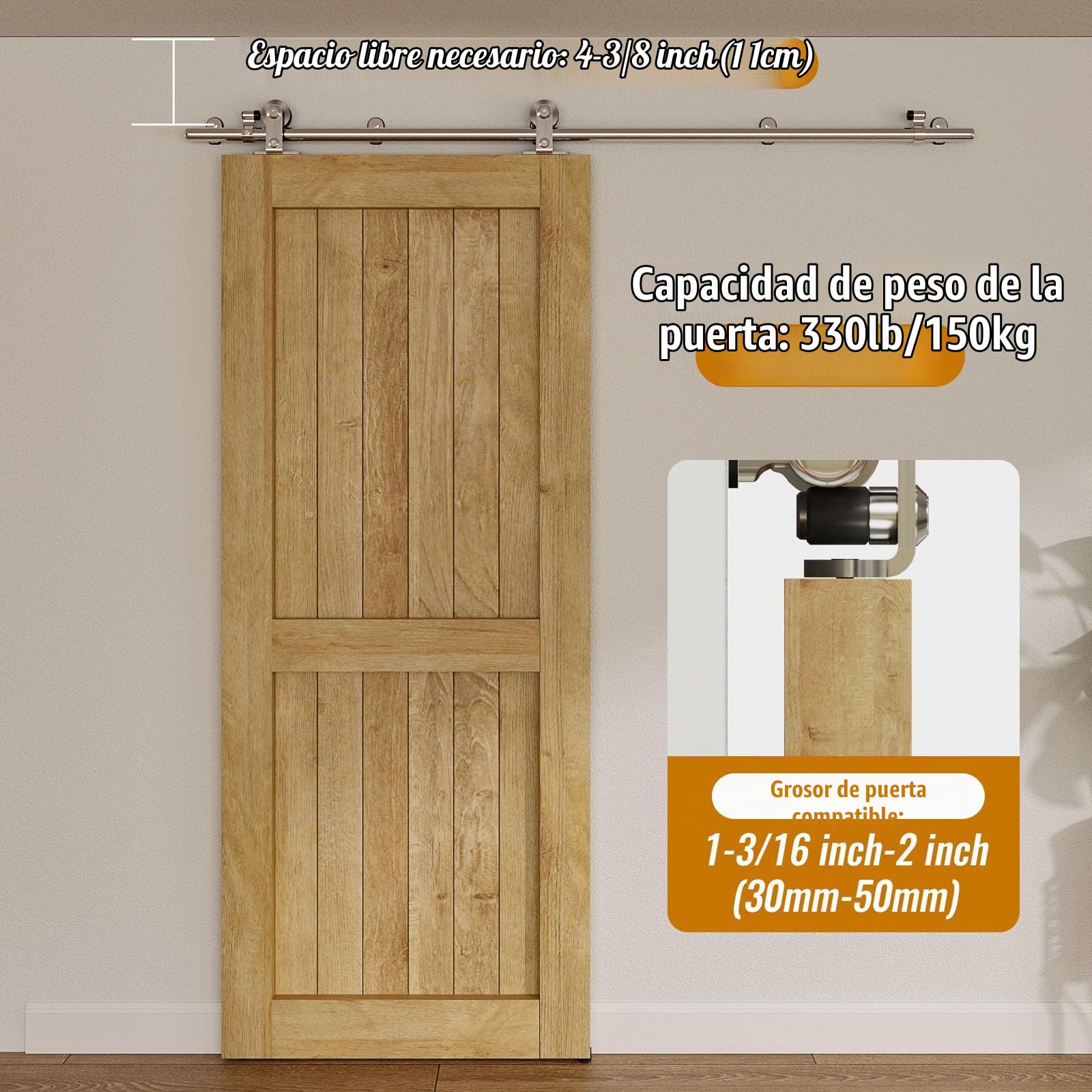 5FT/152cm Herraje para Puerta Corredera Kit de Acero Inoxidable Accesorios para Puertas Correderas Riel Juego para Puerta de Madera Soltera