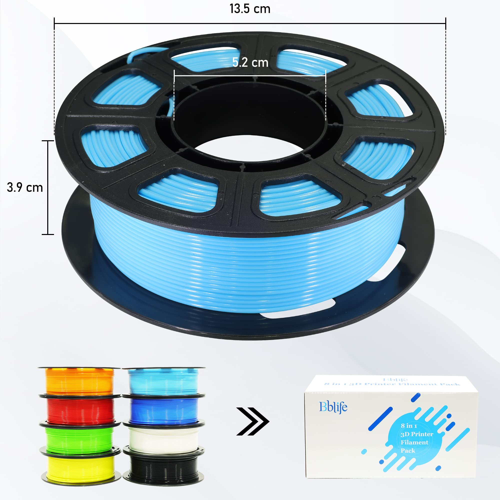 1.75mm 8 Spools Popular Colors 3D Printer PLA Filament Bundle Pack: Black White Red Blue Yellow Orange Limegreen SkyBlue, Each Spool 250g, Widely Compatible, Total 2Kg 3D Printing Filament
