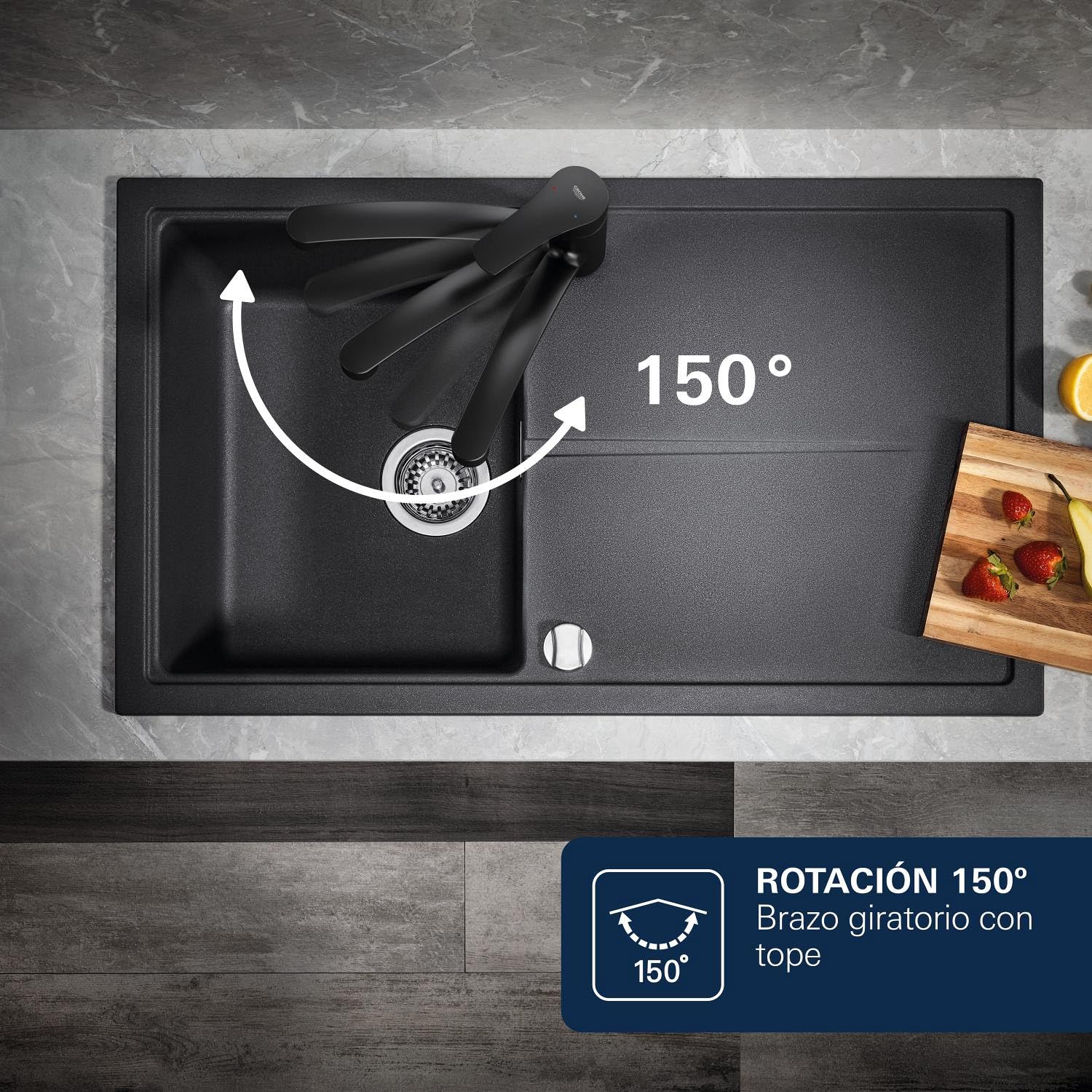 GROHE Get – Grifo de cocina monomando (caño alto en C 353 mm, ángulo de giro ajustable, cartucho cerámico 35 mm, conexiones 3/8", fácil instalación con QuickMount), Negro Mate, 314942431