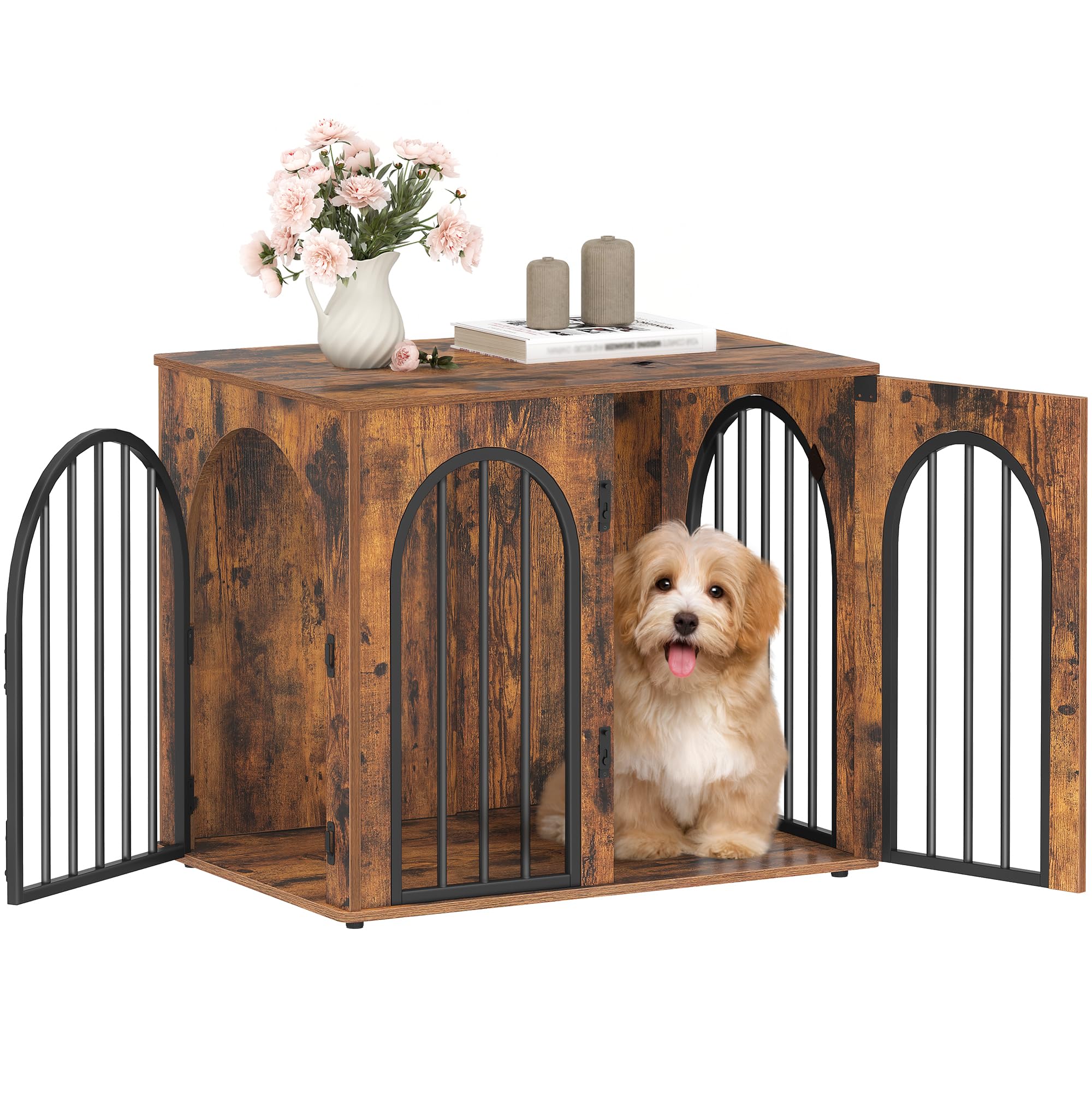 Hzuaneri Dog Crate Furniture, 68 cm Wooden Dog Crate, Indoor Kennel for Small Dogs, End Side Table Animal Crates, Anti-Chew, Anti-Escape, Arched Door Design, Rustic Brown DFC85501B