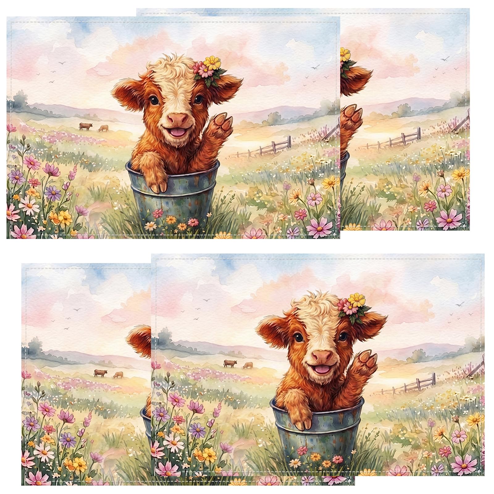 Highland Cow Table Mats Set of 4, Non-Slip Place Mats for Dining Table Surface Protection, Heat Resistant Place Mats for Table, Highland Cow Kitchen Accessories for Party Kitchen Dining