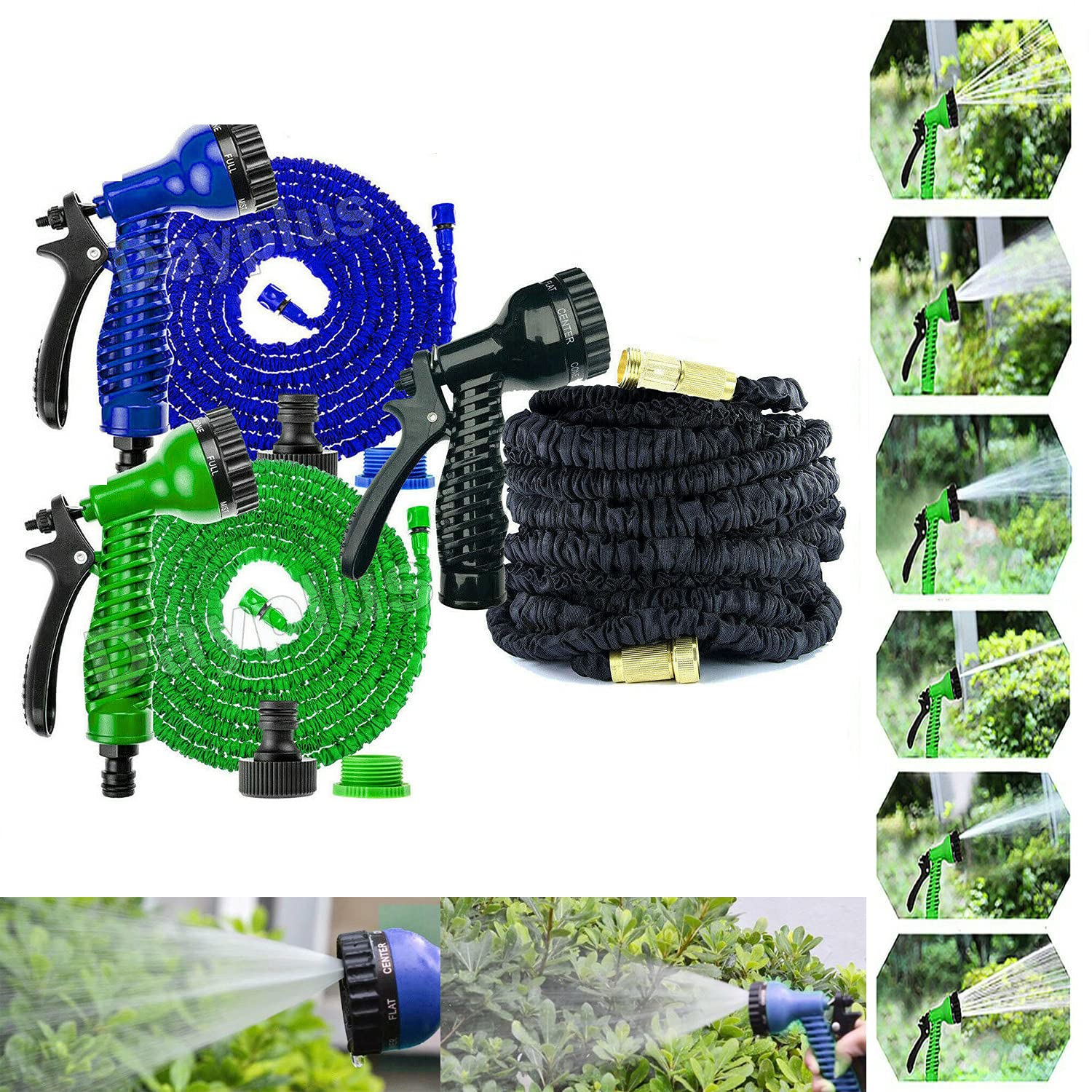 Expandable 100FT Garden Water Hose Pipe Flexible Lightweight Non Kink Hose Pipes Reel with 7 Functions Spray Gun 1/2" Connector 2 Years Warranty Green