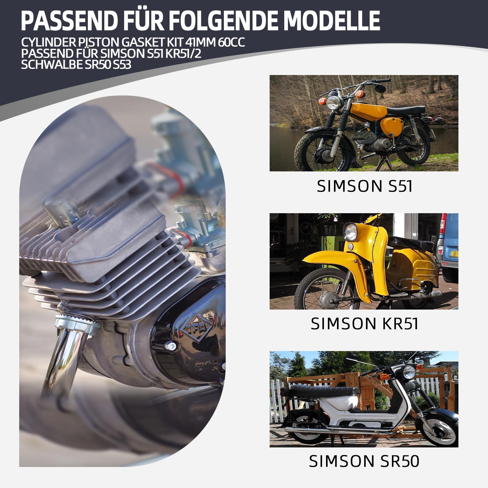 60ccm Big Bore Zylinder und 41mm Motor Kolben Dichtungsset für Simson S51 SR50 KR51 Schwalbe