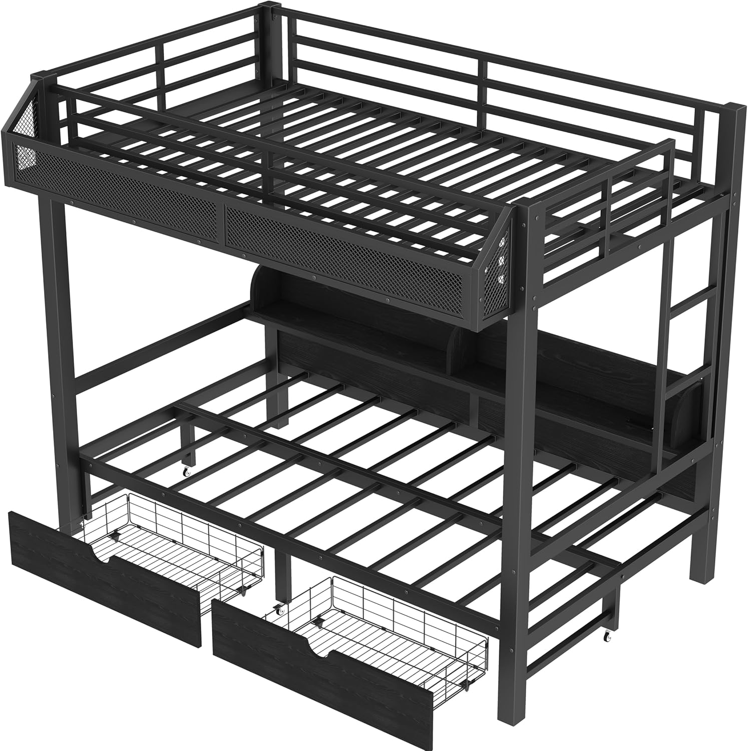 Bellemave Twin XL Over Twin XL Bunk Bed Frame with Storage Shelves & Drawers, Metal Bunk Bed Twin Over Twin with Charging Station & LED Lights, Space Saving Beds Frame Convertible to Sofa, Black