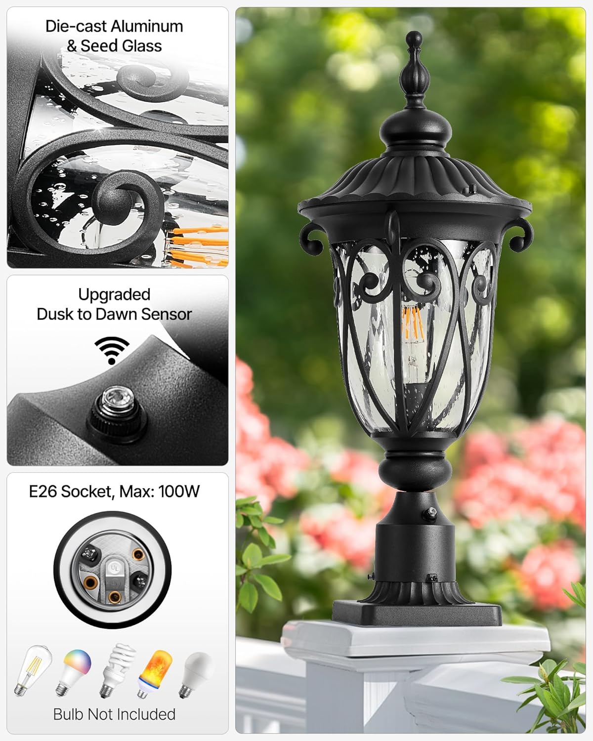 VIANIS 23.8" Large Outdoor Post Lights, Black Dusk to Dawn Outdoor Post Light, Waterproof Aluminum Retro Style Post Lights Outdoor with Glazed Bubble Glass for Driveway, Yard, Garden, 120V AC