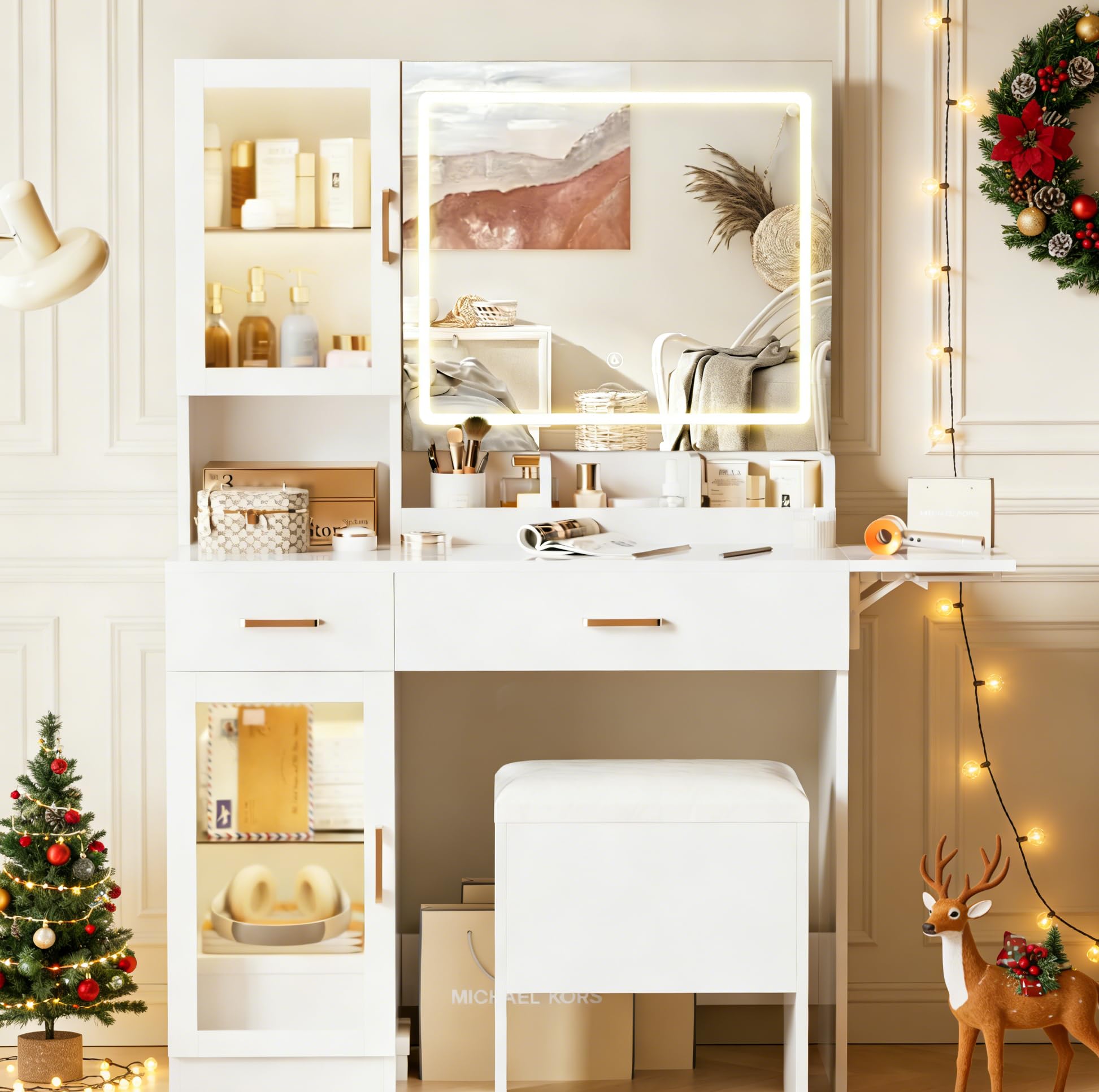 NUNU LAB Vanity Desk with Mirror and Lights, Makeup Vanity Set with Storage Shelf and Drawers, Bedroom Dressing Table with RGB Cabinets, Cushion Stool