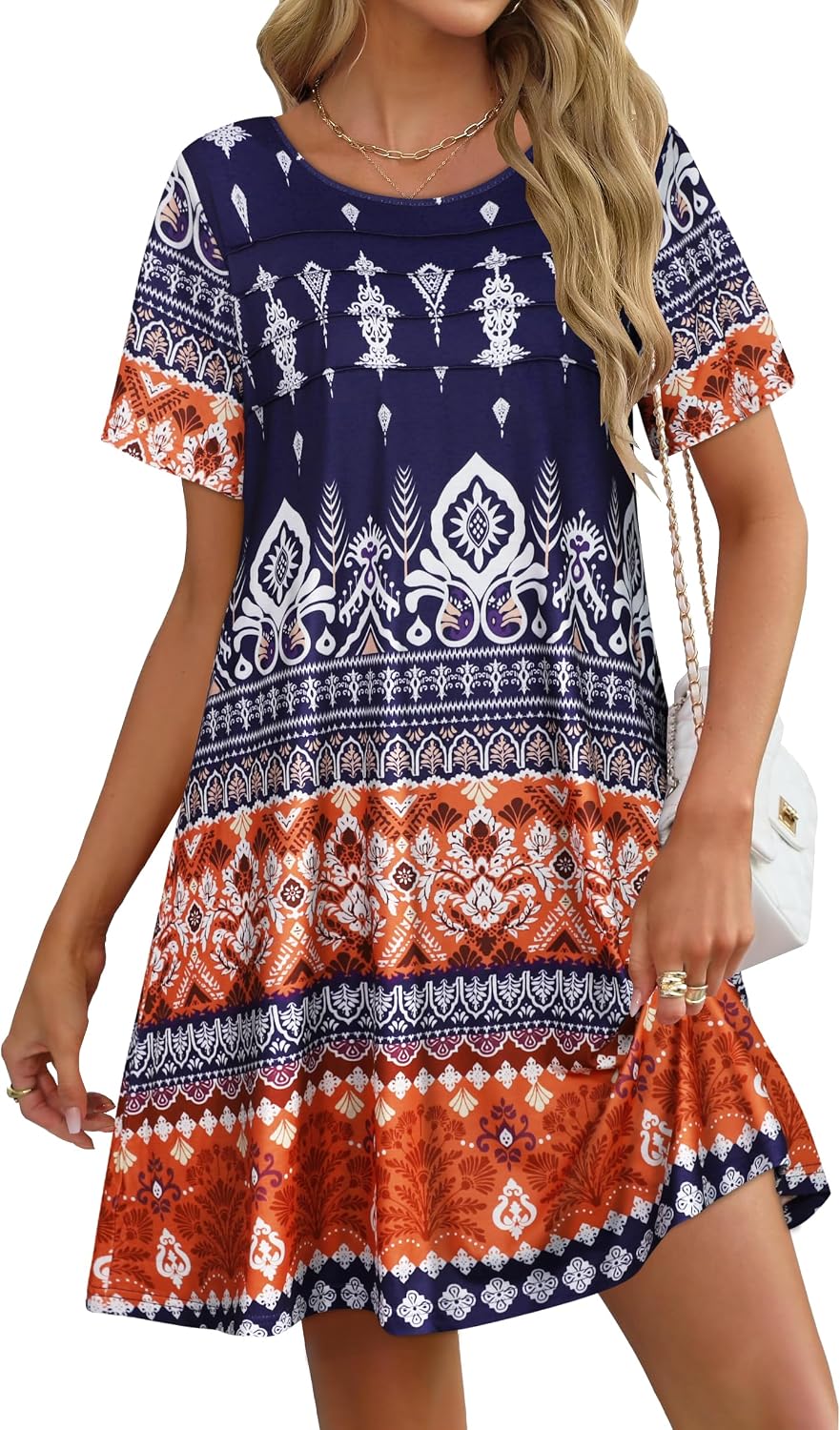 elescat Sundress for Women Casual Loose Summer Short Sleeve Pleated Front Crew Neck T Shirt Dress with Pockets 2026