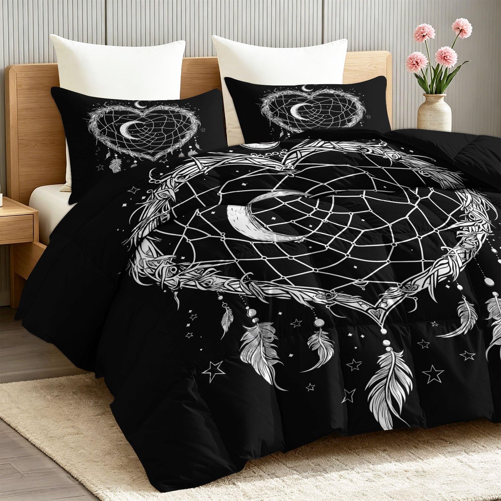 Bohemisch Vintage Bettdecke 135 x 200 cm Traumfänger Feder Mond Stern Steppdecke, Schwarz 4 Jahreszeiten Bettdecken - Waschbar Bettzeug Warme Weich Bettdecke ohne Bezug - Schlafzimmer Deko Geschenke