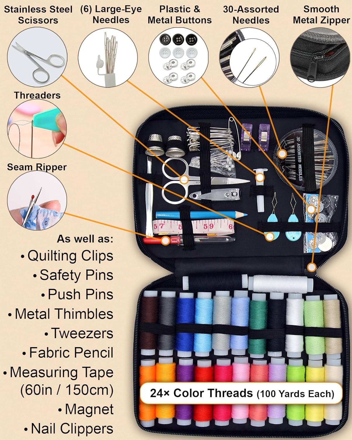 Vellostar Sewing Kit for Adults & Beginners – Portable Needle & Thread Travel Kit w/ 24 Thread Colors, Needles, Scissors & Sewing Supplies for Emergency Clothing Repairs, Buttons, & Home Mending thumbnail